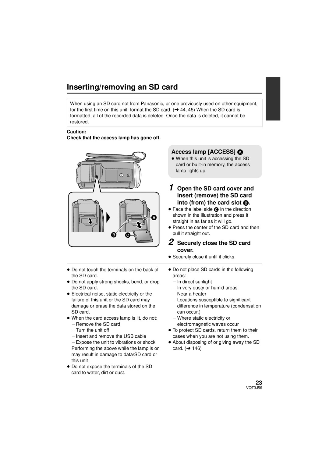 Panasonic HDC-SD90P/PC Inserting/removing an SD card,   Access lamp Access a, Securely close the SD card cover 