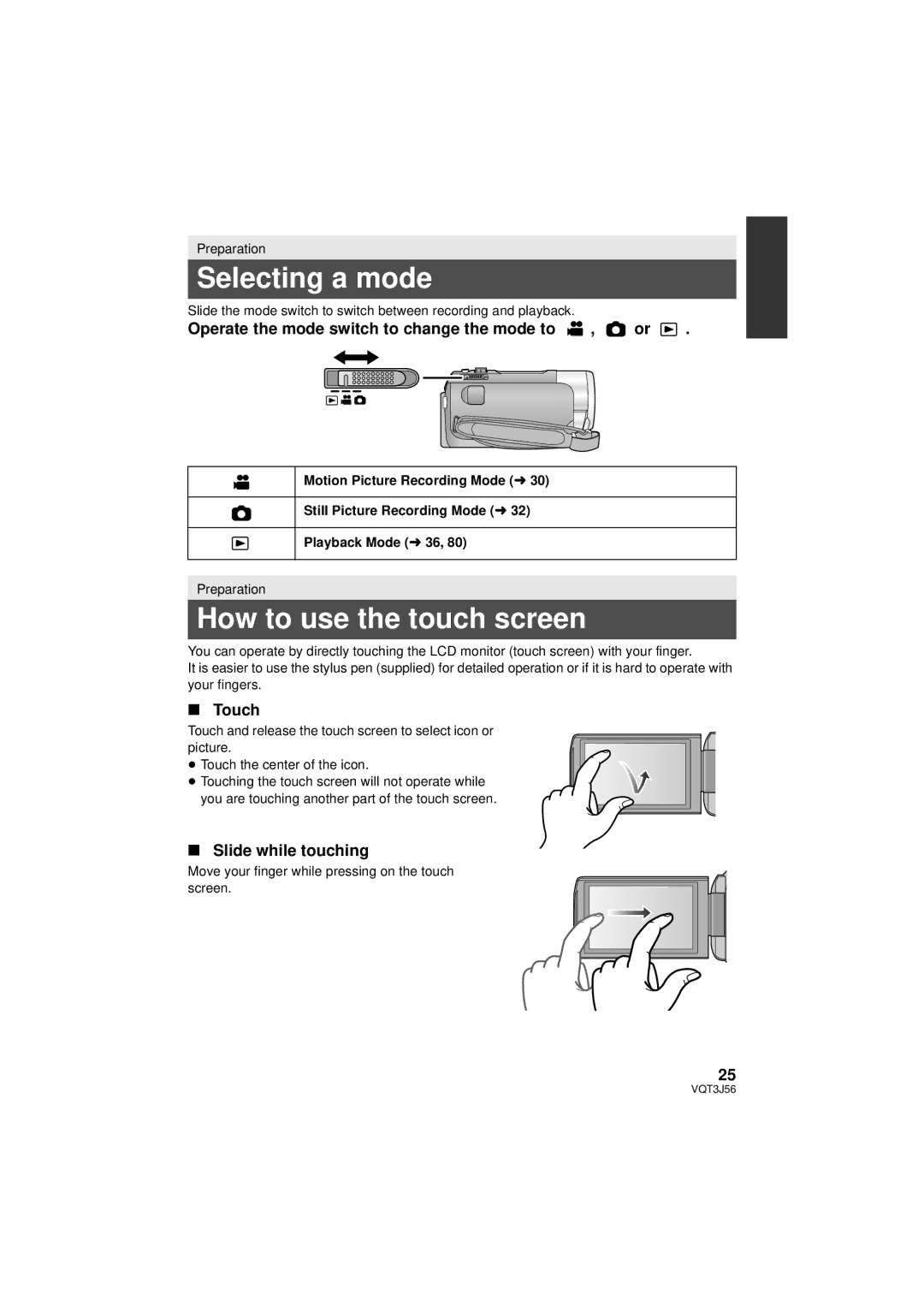 Panasonic HDC-SD90P/PC Selecting a mode, How to use the touch screen, Operate the mode switch to change the mode to , or 