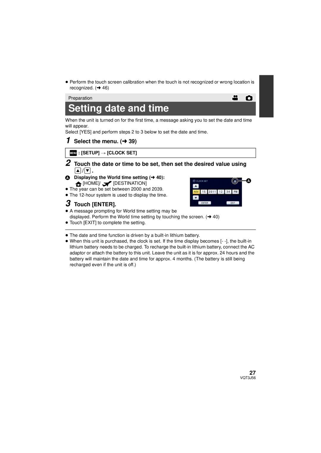 Panasonic HDC-SD90P/PC, HDC-TM90P/PC Setting date and time, Select the menu. l, Touch Enter, Menu Setup # Clock SET 