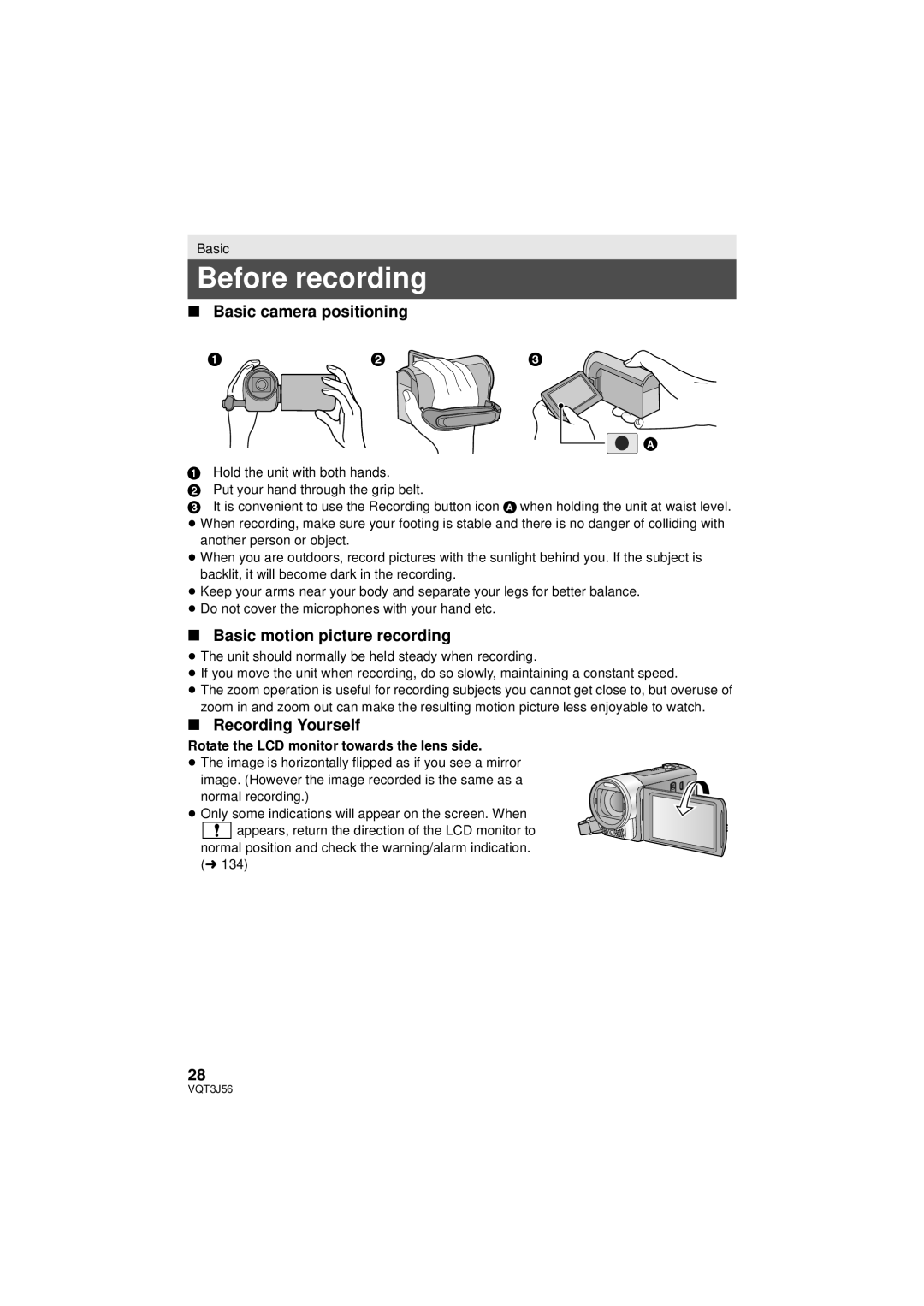 Panasonic HDC-TM90P/PC Before recording, Basic camera positioning, Basic motion picture recording, Recording Yourself 