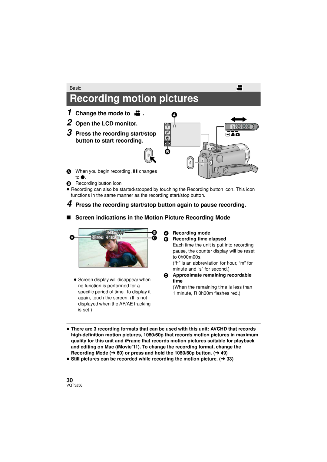 Panasonic HDC-TM90P/PC, HDC-SD90P/PC owner manual Recording motion pictures, Recording mode Recording time elapsed 