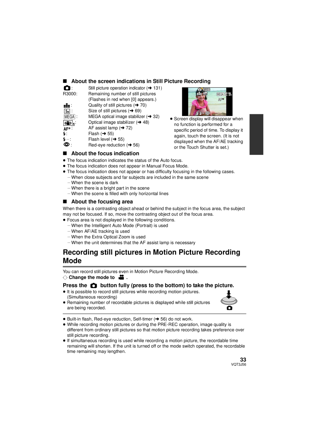 Panasonic HDC-SD90P/PC, HDC-TM90P/PC Recording still pictures in Motion Picture Recording Mode, About the focus indication 