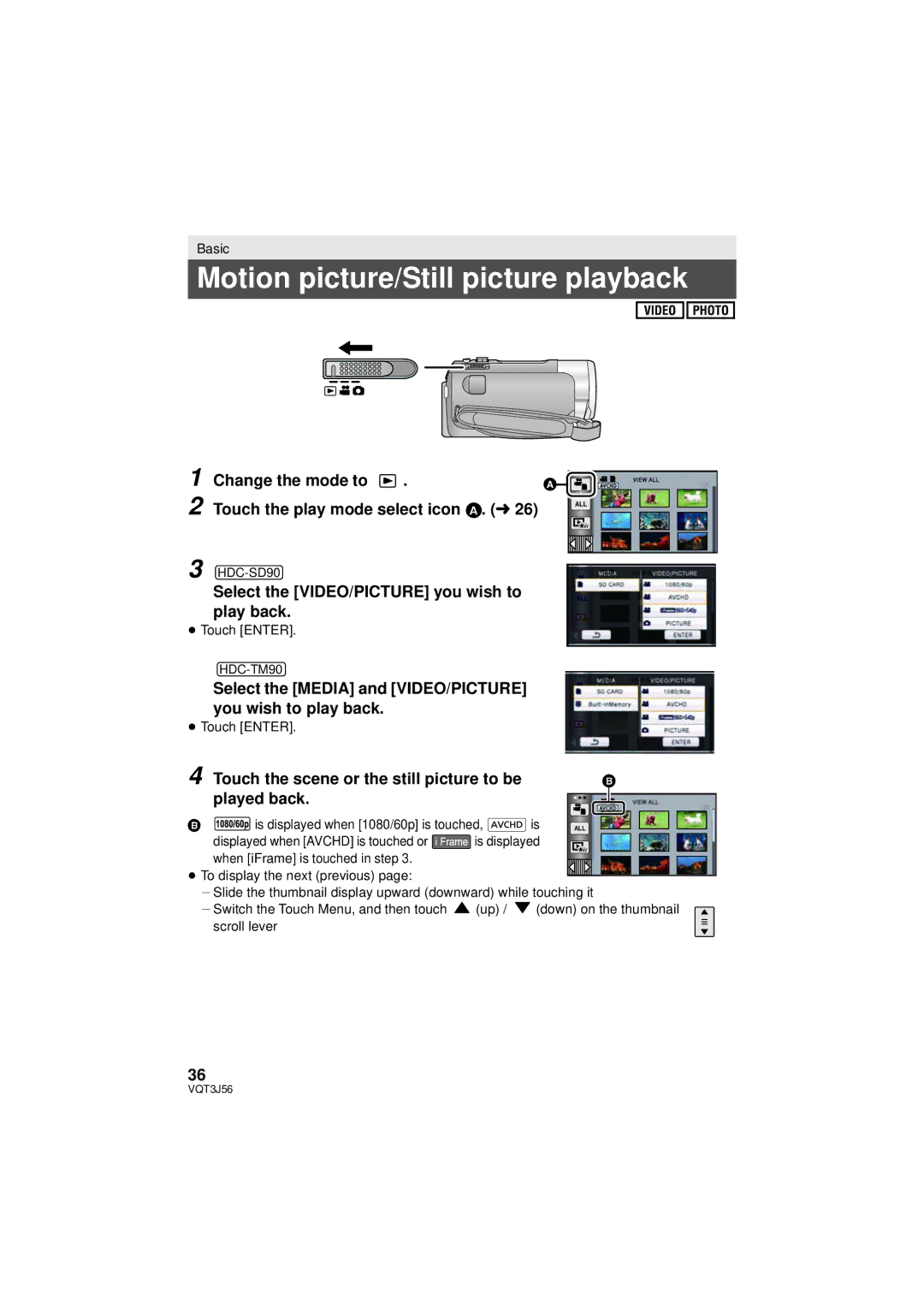 Panasonic HDC-TM90P/PC Motion picture/Still picture playback, Change the mode to Touch the play mode select icon A. l 