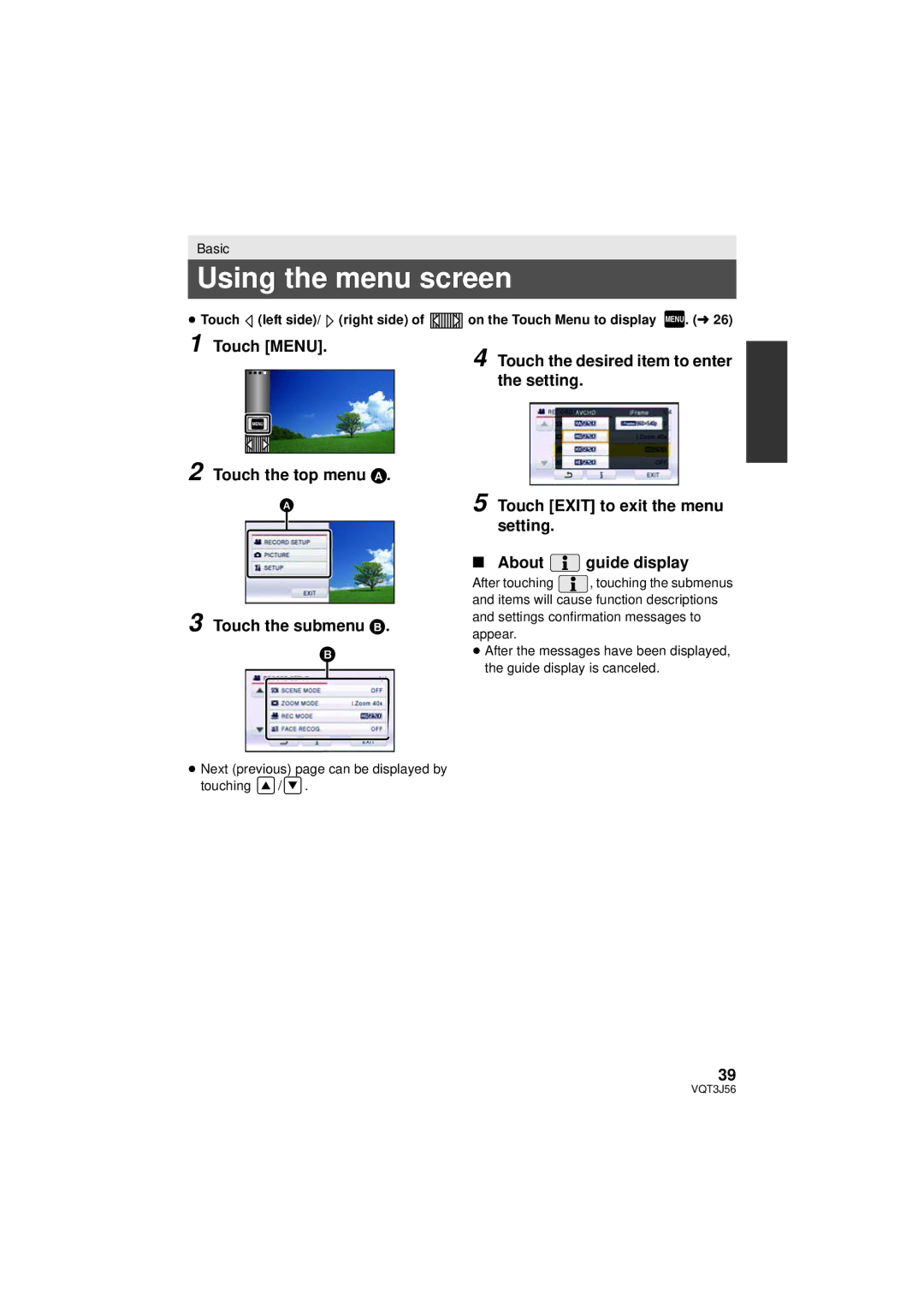 Panasonic HDC-SD90P/PC, HDC-TM90P/PC Using the menu screen, Touch Menu, Touch the top menu a Touch the submenu B 