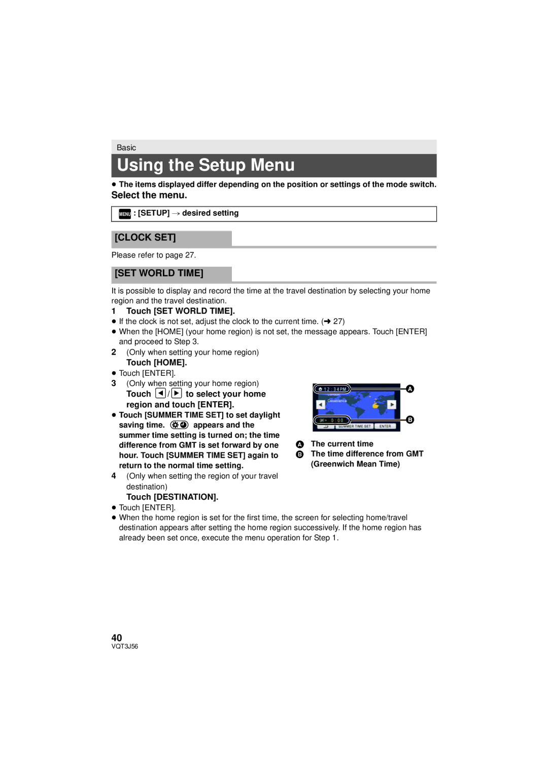 Panasonic HDC-TM90P/PC, HDC-SD90P/PC owner manual Using the Setup Menu, Select the menu, Clock SET, SET World Time 