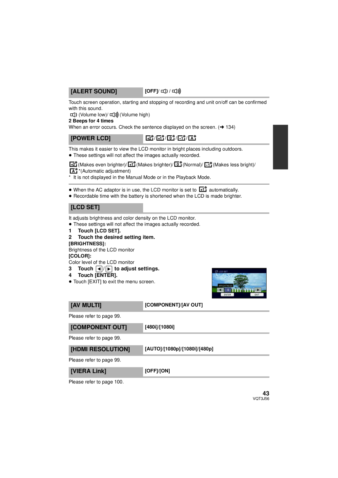 Panasonic HDC-SD90P/PC, HDC-TM90P/PC owner manual Alert Sound, Power LCD, Lcd Set, AV Multi, Component OUT, Hdmi Resolution 