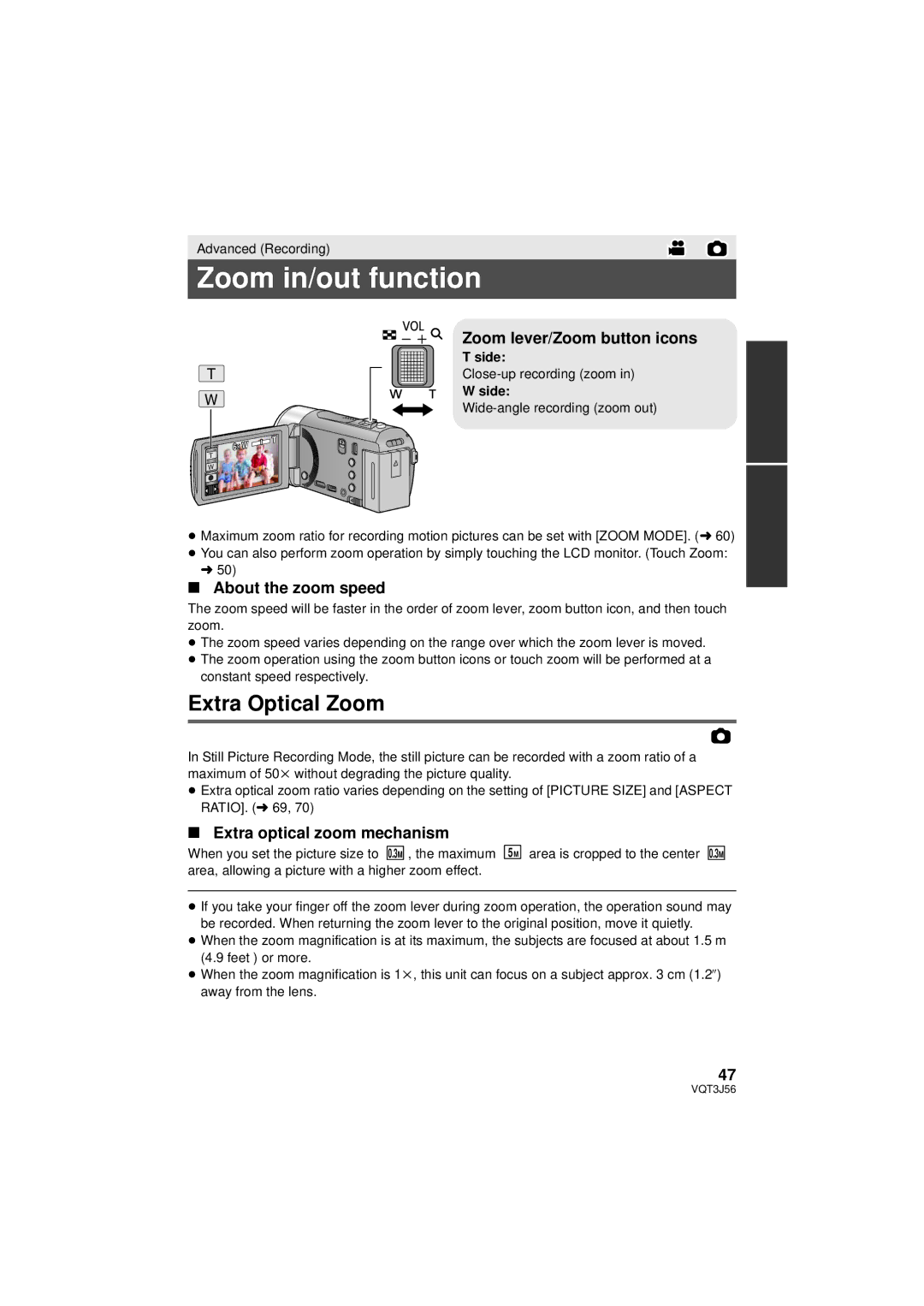 Panasonic HDC-SD90P/PC Zoom in/out function, Extra Optical Zoom, Zoom lever/Zoom button icons, About the zoom speed 