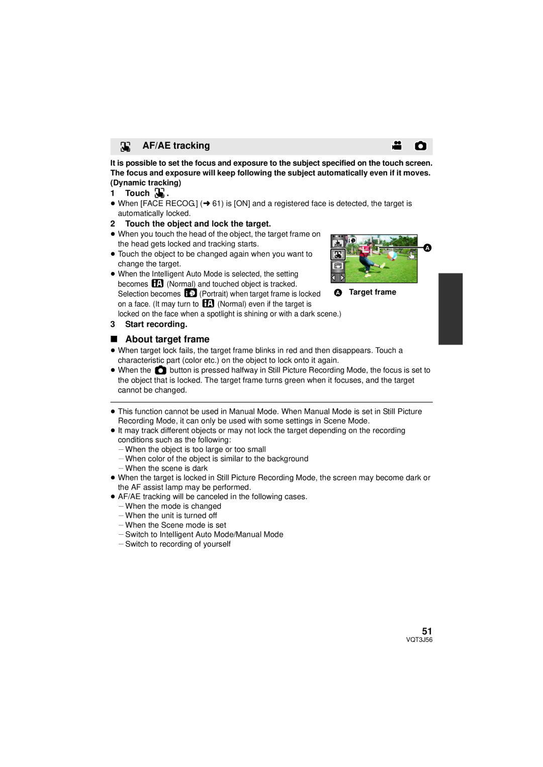 Panasonic HDC-SD90P/PC AF/AE tracking, About target frame, Touch the object and lock the target, Start recording 