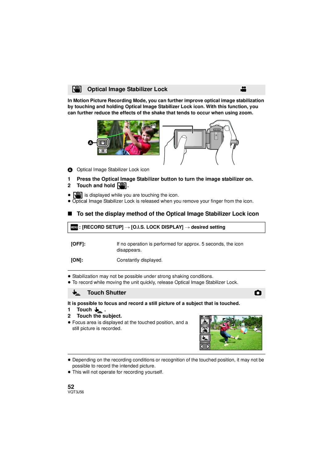 Panasonic HDC-TM90P/PC, HDC-SD90P/PC owner manual Touch Shutter, Optical Image Stabilizer Lock icon, Touch Subject 