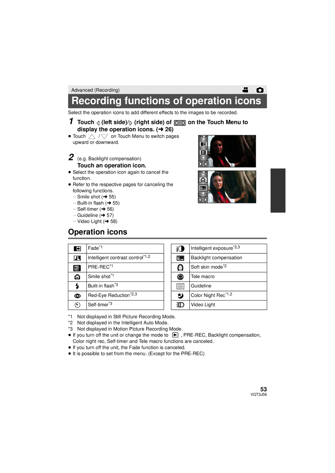 Panasonic HDC-SD90P/PC, HDC-TM90P/PC Recording functions of operation icons, Operation icons, Touch an operation icon 