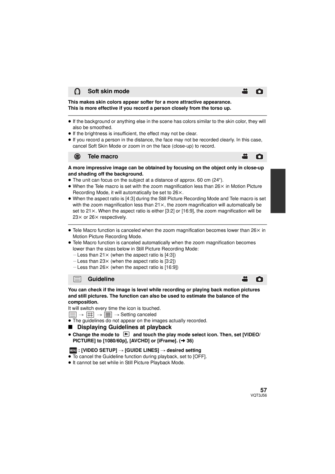 Panasonic HDC-SD90P/PC, HDC-TM90P/PC owner manual Soft skin mode, Tele macro, Displaying Guidelines at playback 