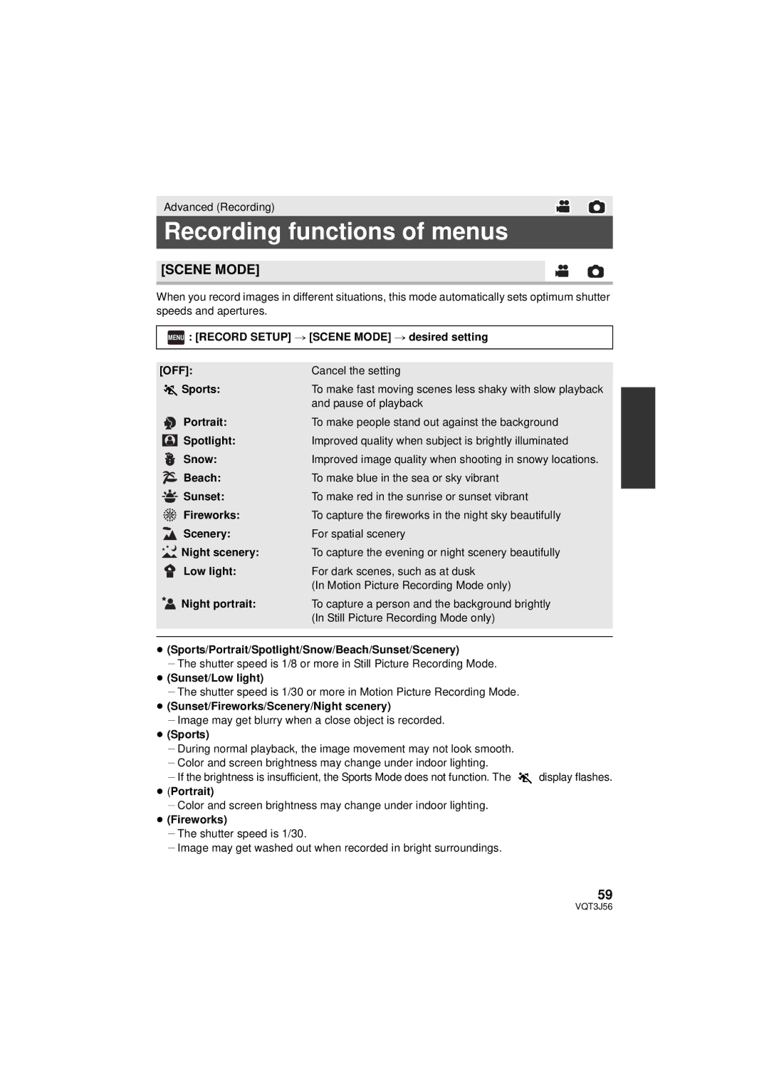 Panasonic HDC-SD90P/PC, HDC-TM90P/PC owner manual Recording functions of menus, Scene Mode 