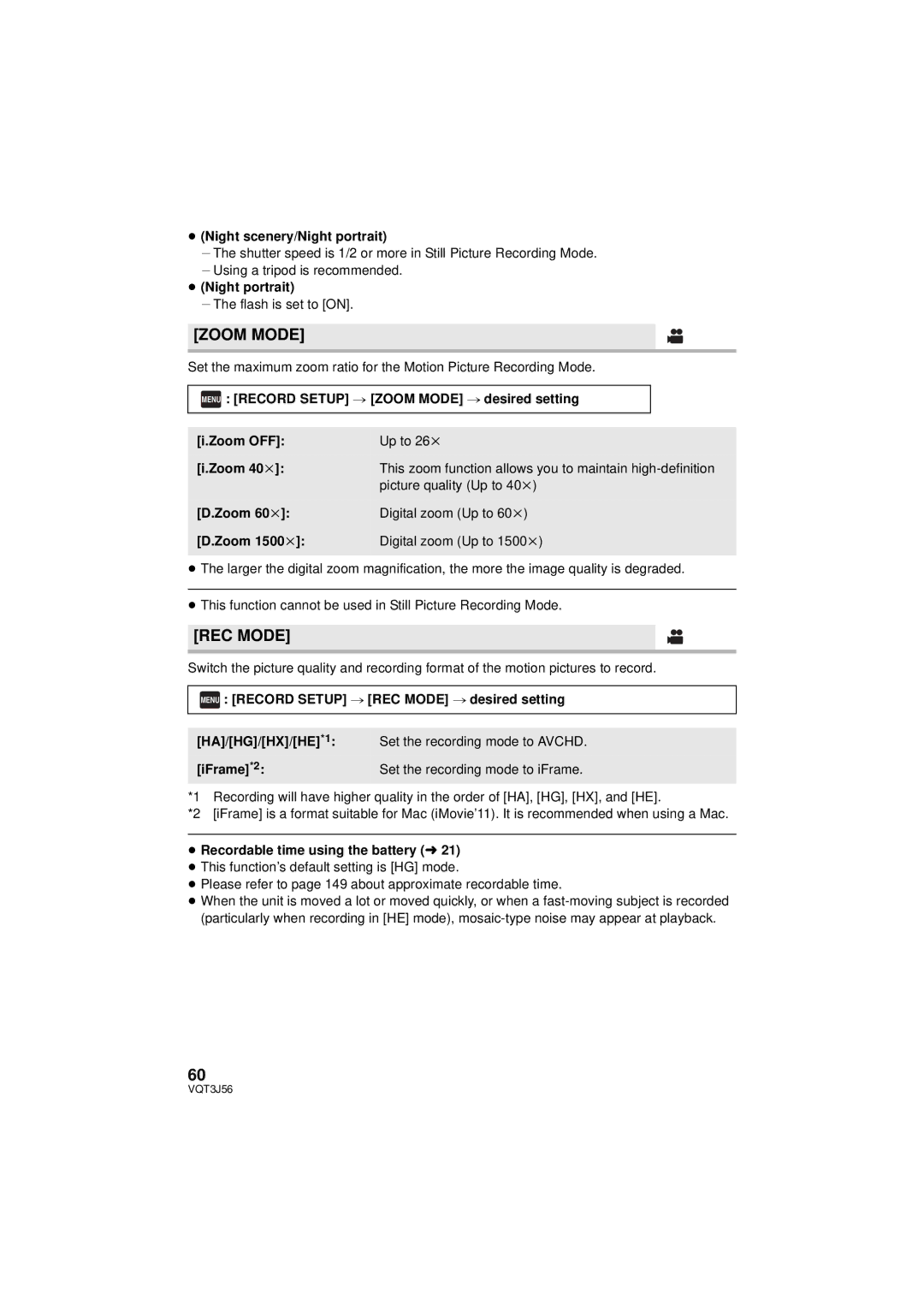 Panasonic HDC-TM90P/PC, HDC-SD90P/PC owner manual Zoom Mode, REC Mode 