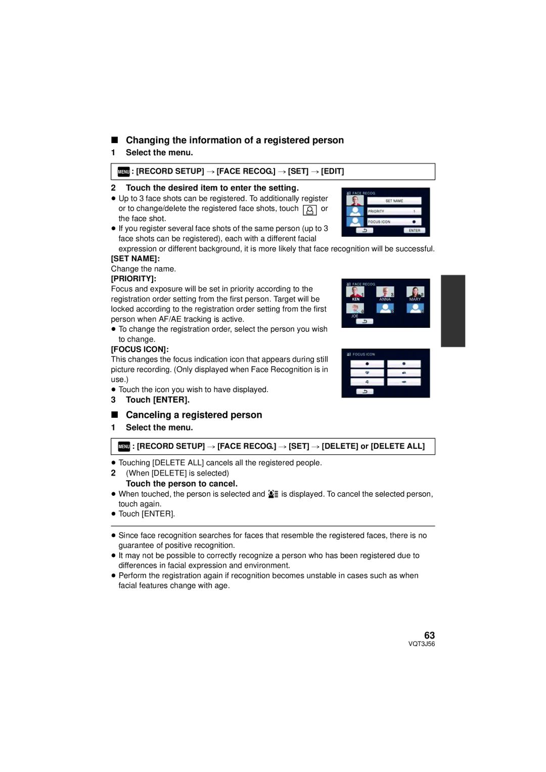 Panasonic HDC-SD90P/PC Changing the information of a registered person, Canceling a registered person, Select the menu 