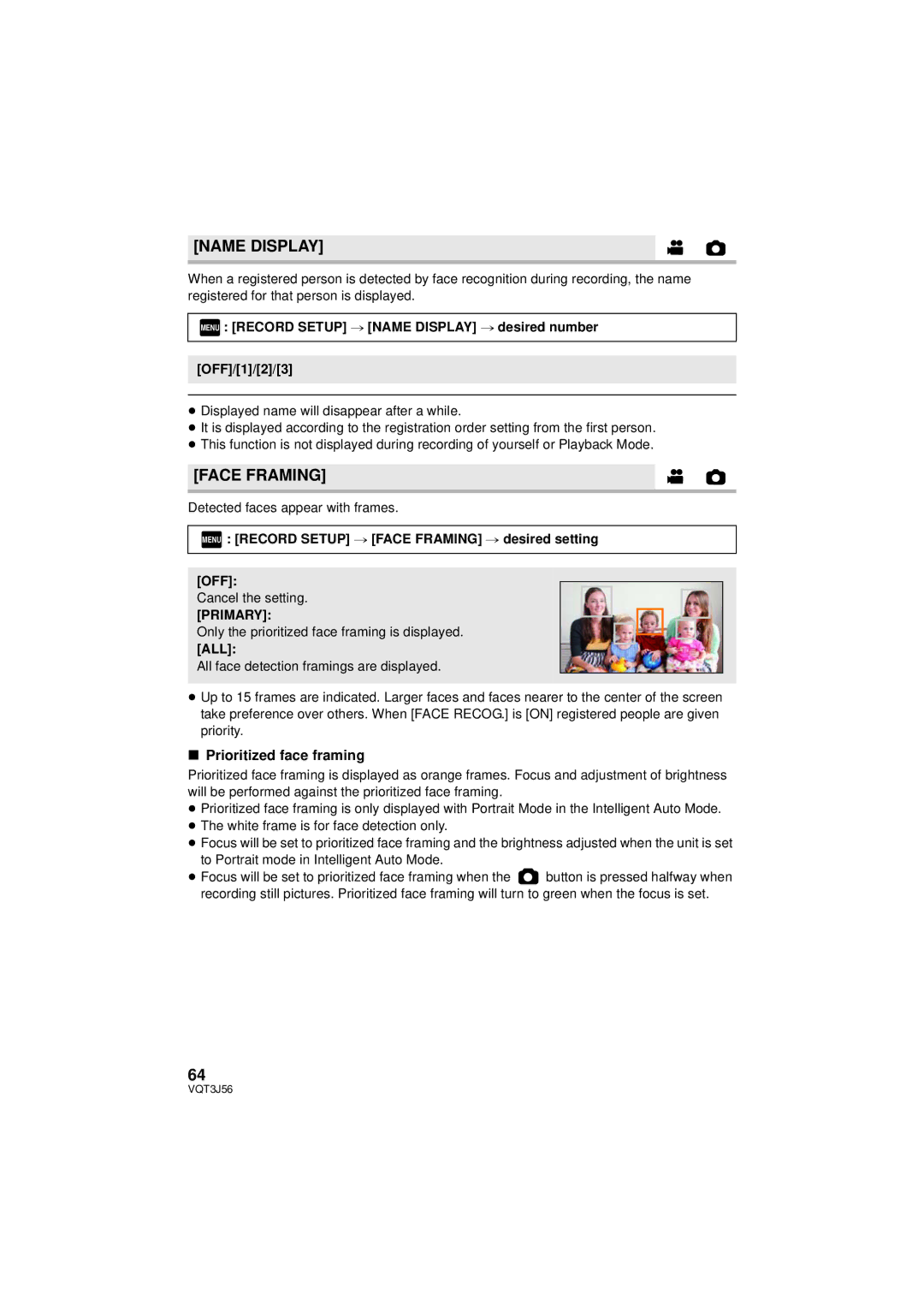 Panasonic HDC-TM90P/PC, HDC-SD90P/PC owner manual Name Display, Face Framing, Prioritized face framing, Primary 