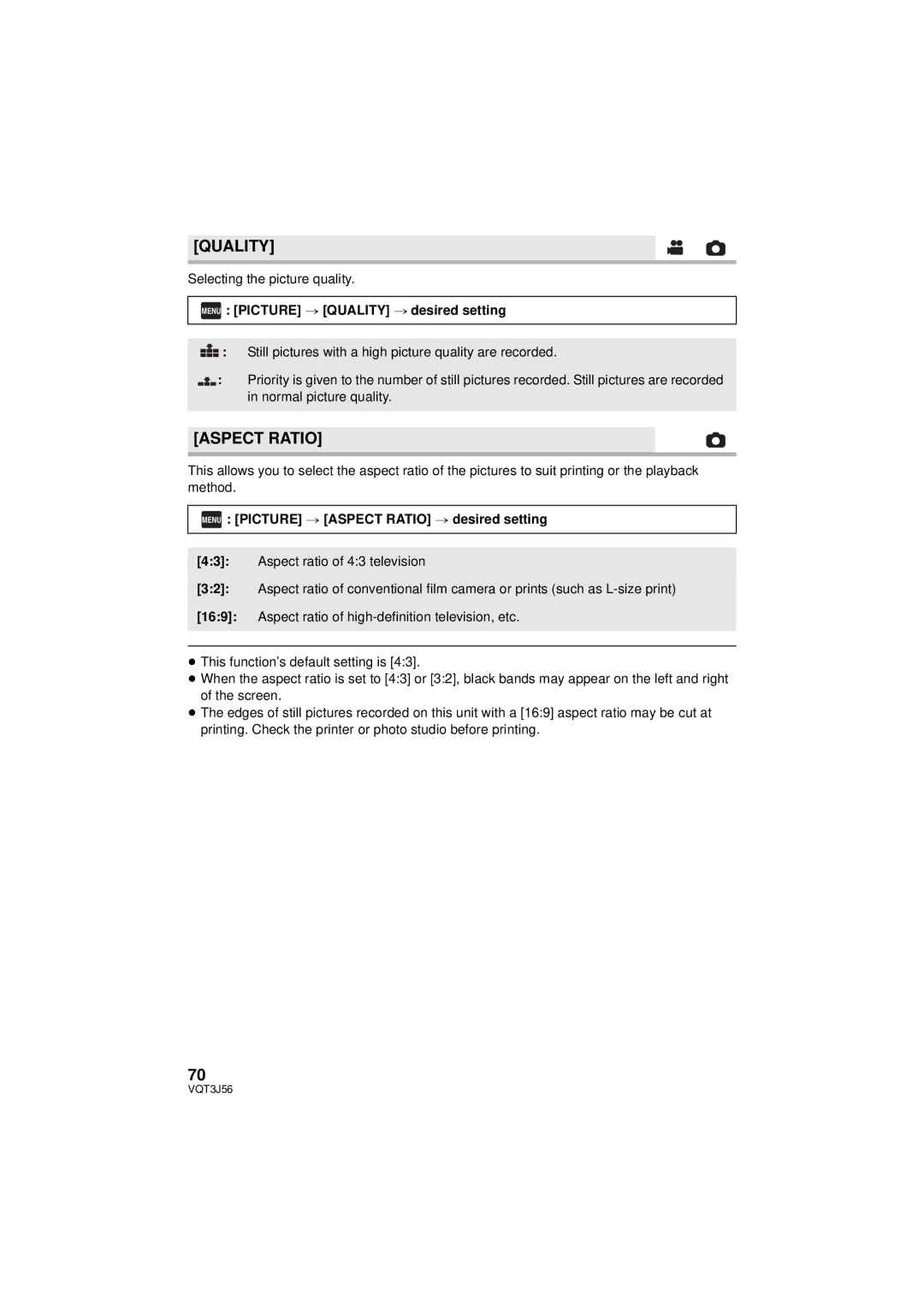 Panasonic HDC-TM90P/PC Aspect Ratio, Selecting the picture quality, Menu Picture # Quality # desired setting 