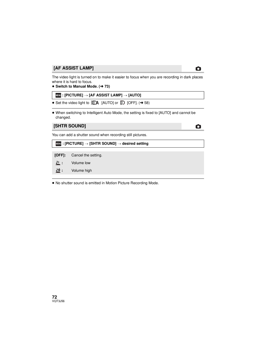 Panasonic HDC-TM90P/PC Menu Picture # AF Assist Lamp # Auto, Menu Picture # Shtr Sound # desired setting 