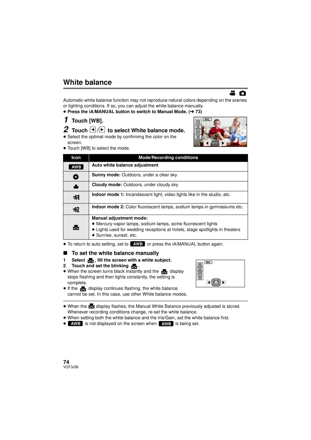 Panasonic HDC-TM90P/PC, HDC-SD90P/PC Touch WB Touch / to select White balance mode, To set the white balance manually 