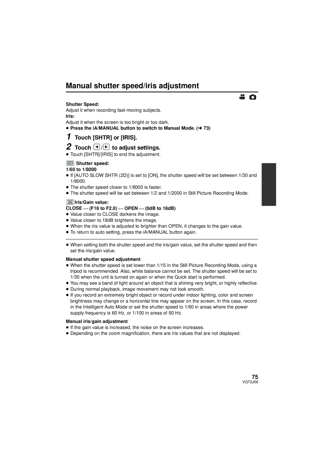 Panasonic HDC-SD90P/PC, HDC-TM90P/PC Manual shutter speed/iris adjustment, Touch Shtr or Iris Touch / to adjust settings 