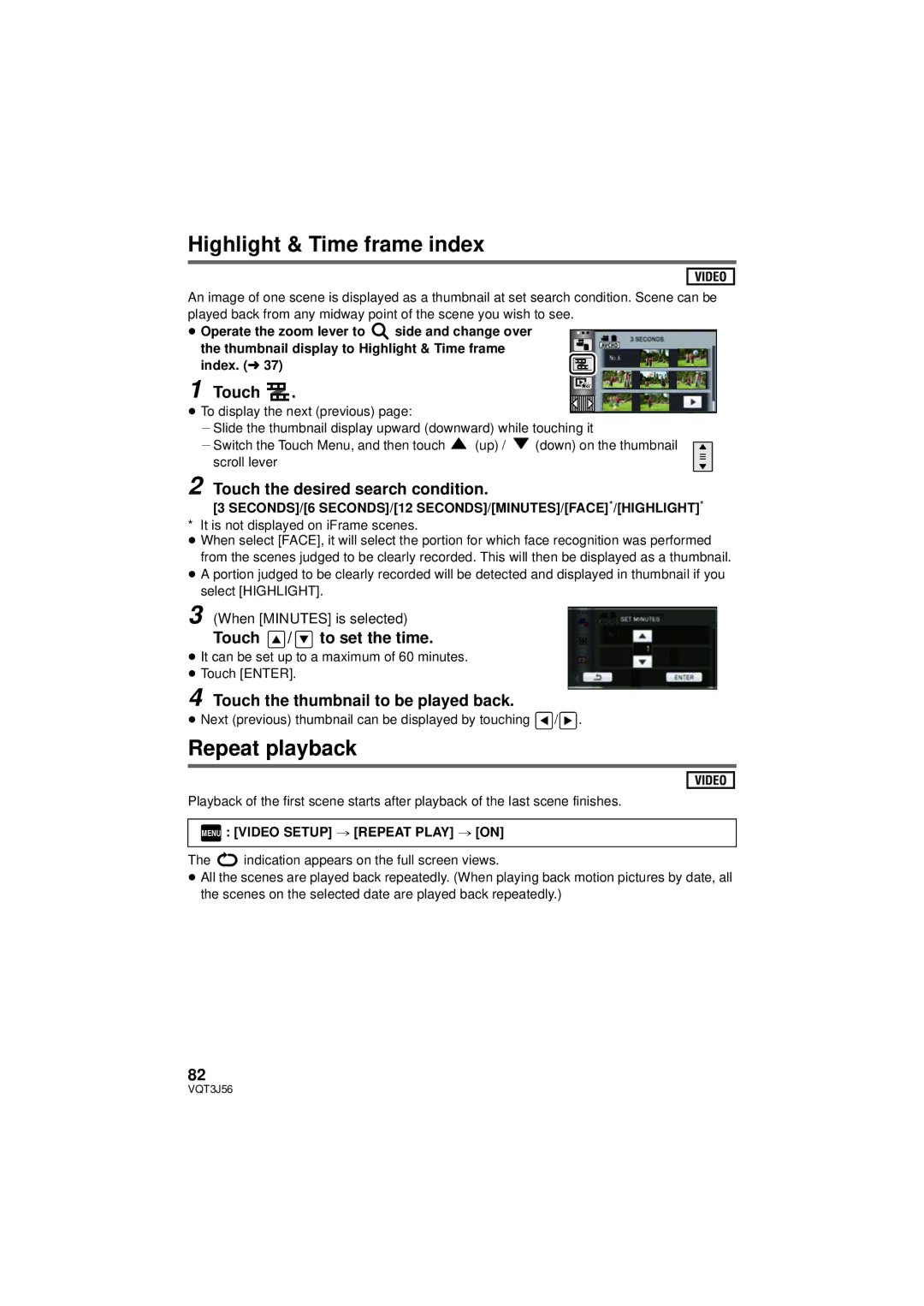 Panasonic HDC-TM90P/PC, HDC-SD90P/PC Highlight & Time frame index, Repeat playback, Touch the desired search condition 