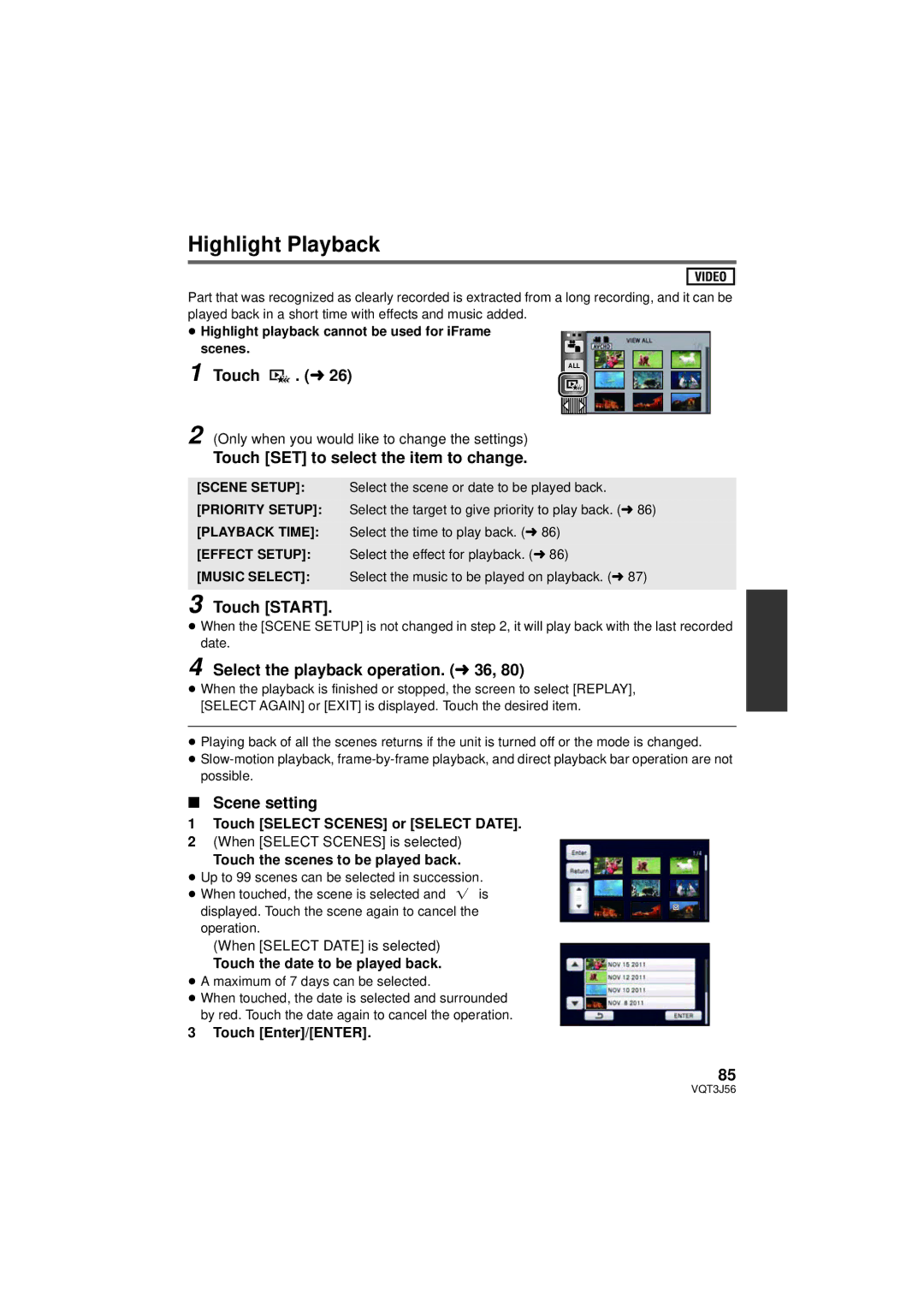 Panasonic HDC-SD90P/PC owner manual Highlight Playback, Touch SET to select the item to change, Touch Start, Scene setting 