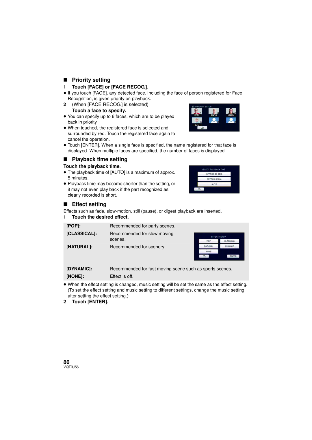 Panasonic HDC-TM90P/PC, HDC-SD90P/PC owner manual Priority setting, Playback time setting, Effect setting 