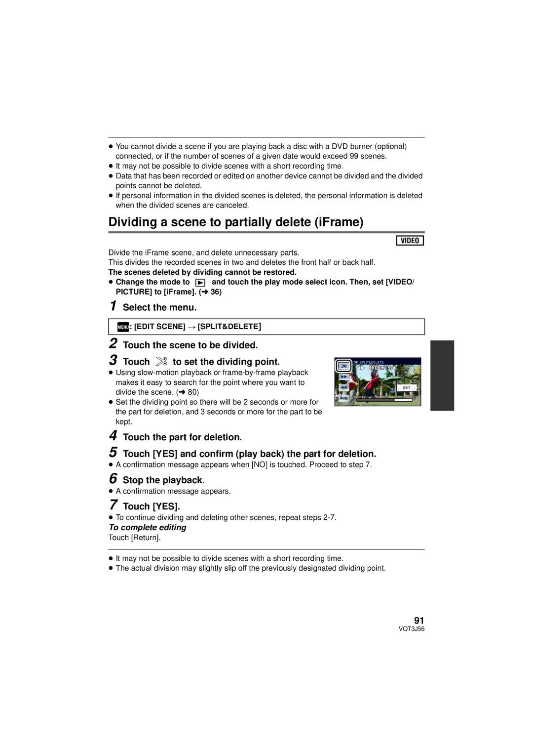 Panasonic HDC-SD90P/PC, HDC-TM90P/PC owner manual Dividing a scene to partially delete iFrame, Stop the playback, Touch YES 