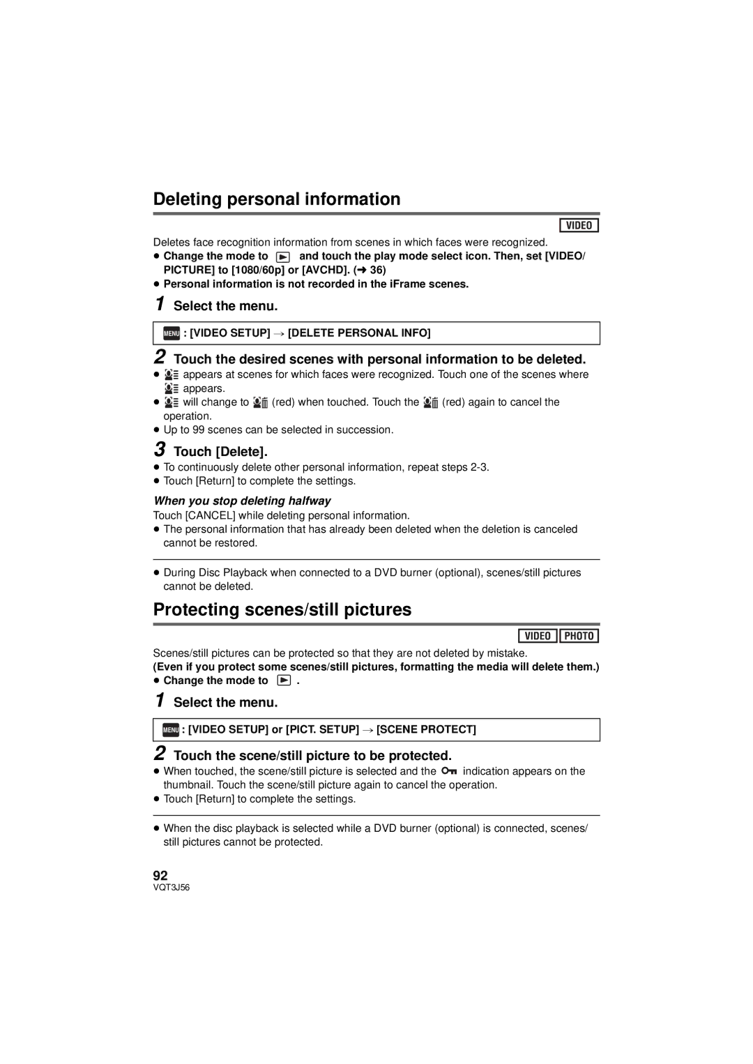 Panasonic HDC-TM90P/PC, HDC-SD90P/PC owner manual Deleting personal information, Protecting scenes/still pictures 