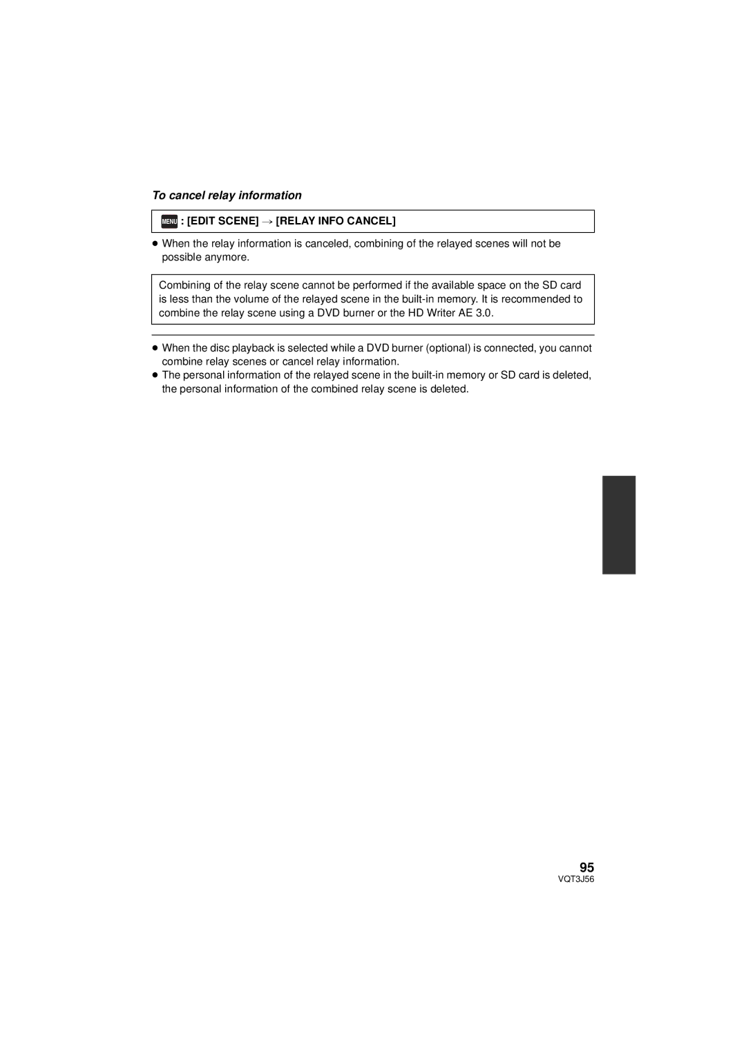 Panasonic HDC-SD90P/PC, HDC-TM90P/PC owner manual To cancel relay information, Menu Edit Scene # Relay Info Cancel 