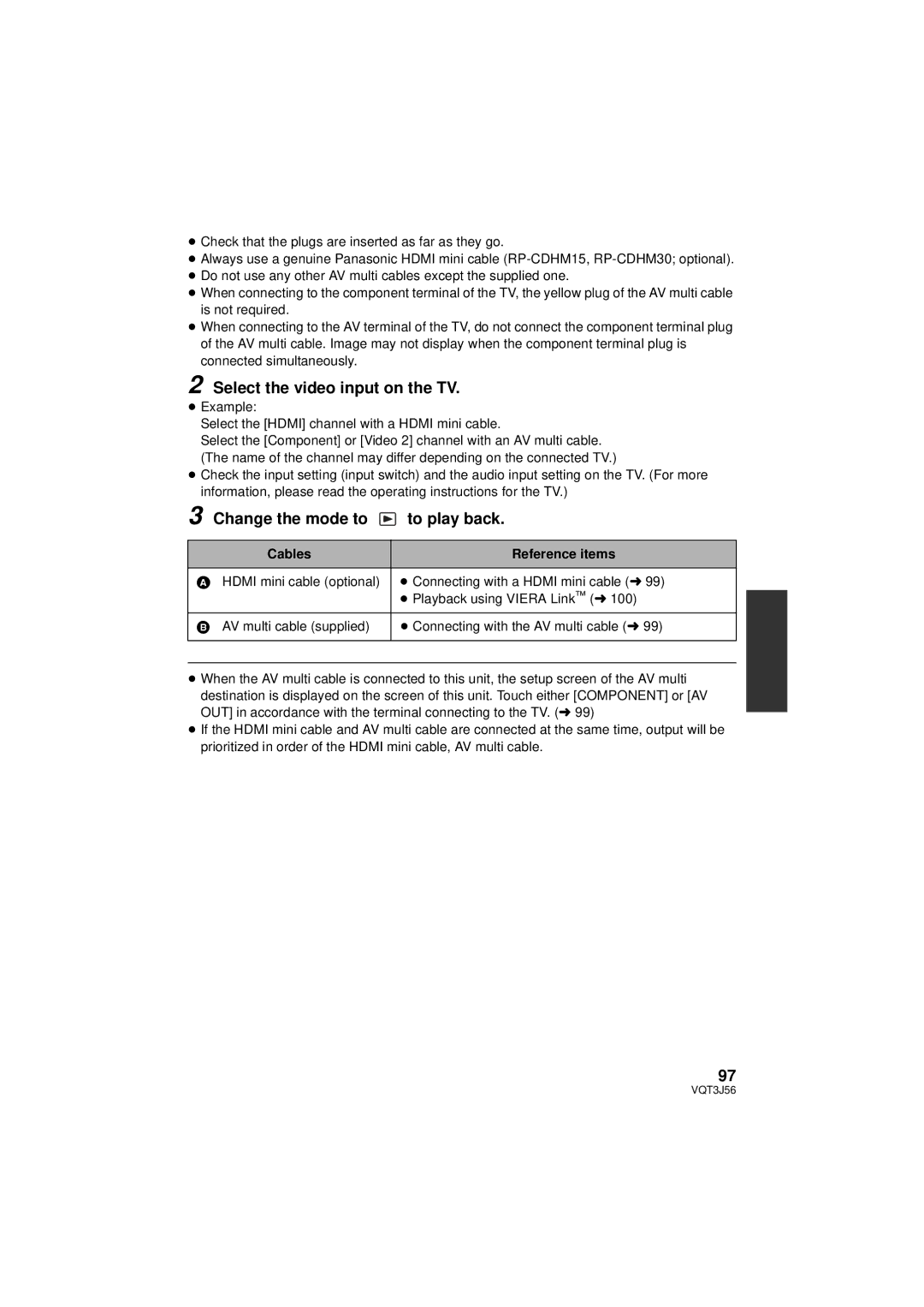 Panasonic HDC-SD90P/PC Select the video input on the TV, Change the mode to to play back, Cables Reference items 