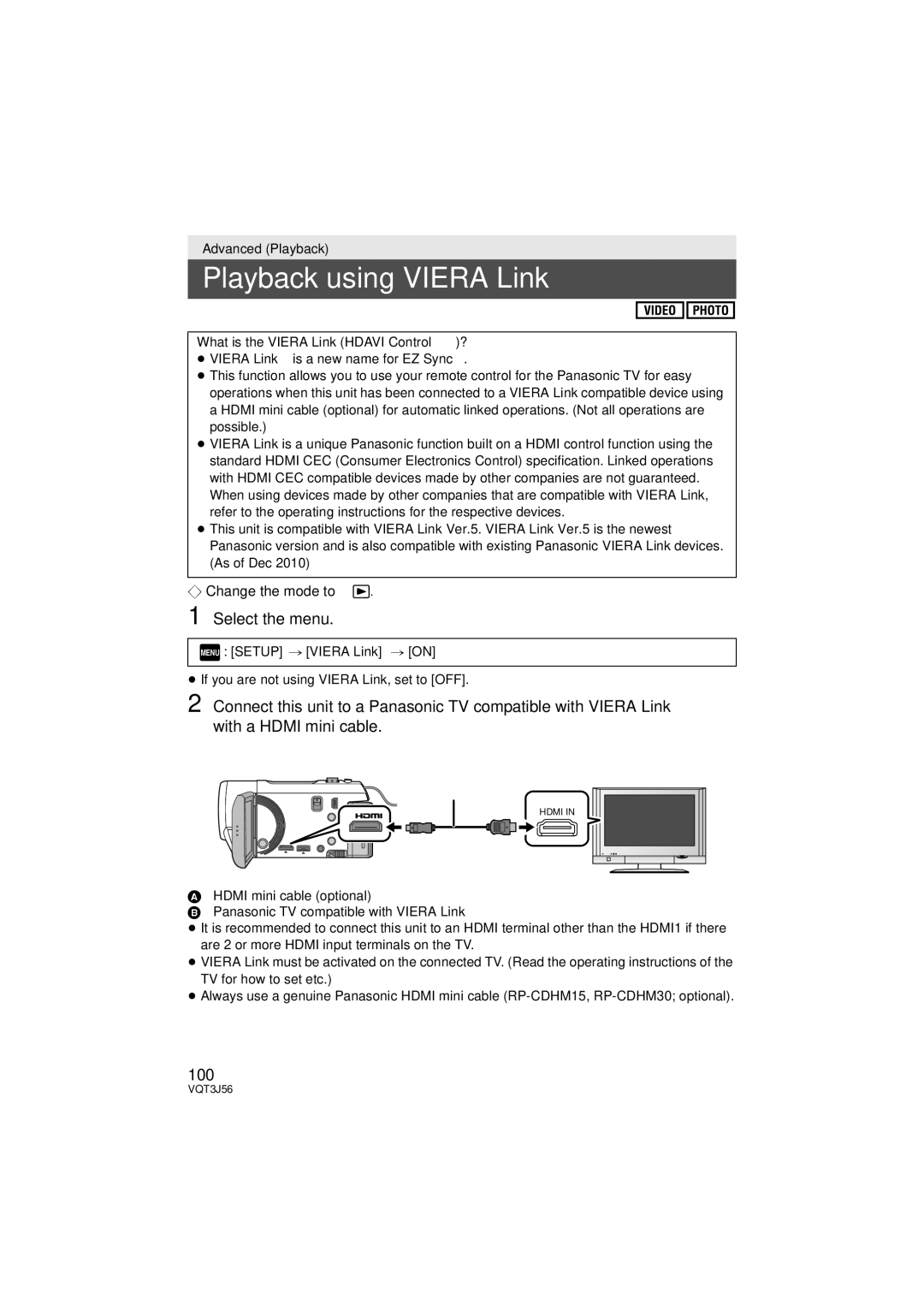 Panasonic HDC-TM90P/PC Playback using Viera Link, 100, What is the Viera Link Hdavi Control?, Menu Setup # Viera Link # on 