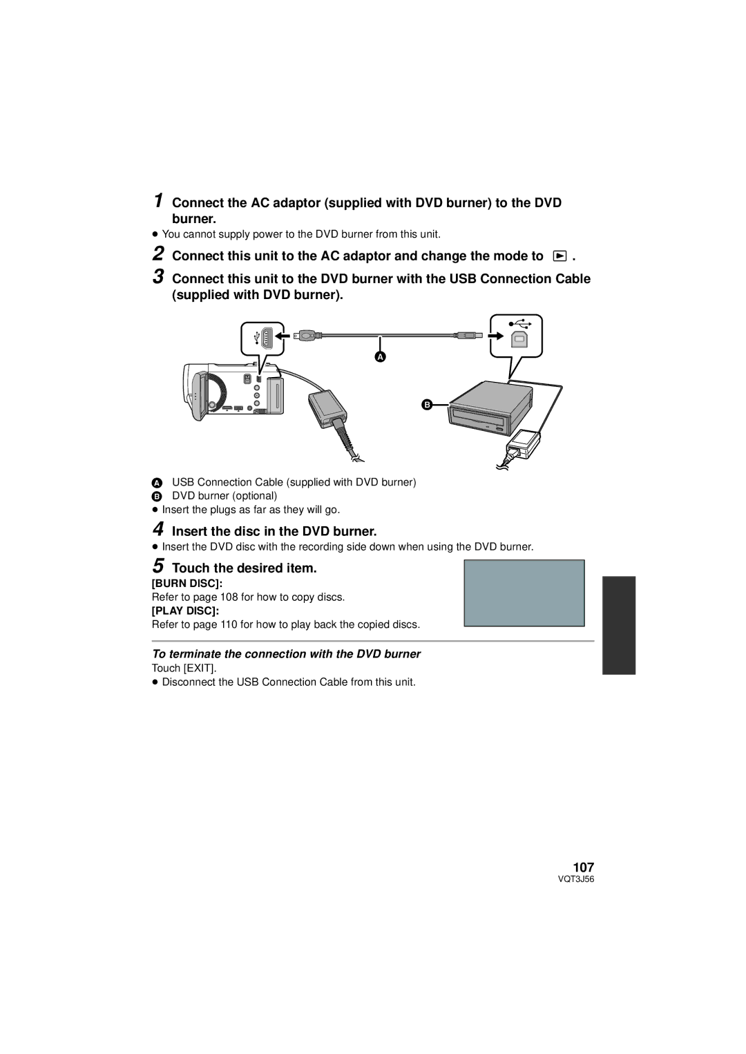 Panasonic HDC-SD90P/PC, HDC-TM90P/PC Insert the disc in the DVD burner, Touch the desired item, 107, Burn Disc, Play Disc 