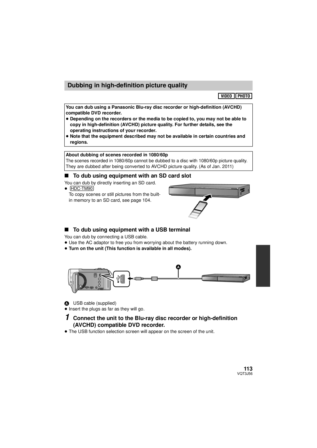 Panasonic HDC-SD90P/PC To dub using equipment with an SD card slot, To dub using equipment with a USB terminal, 113 