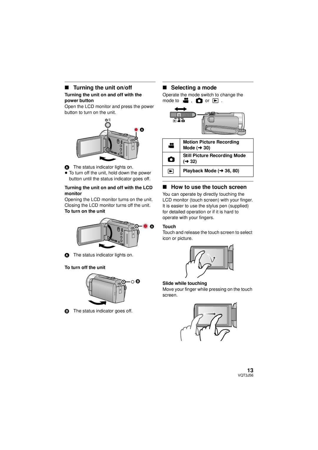 Panasonic HDC-SD90P/PC, HDC-TM90P/PC owner manual Turning the unit on/off, Selecting a mode, How to use the touch screen 