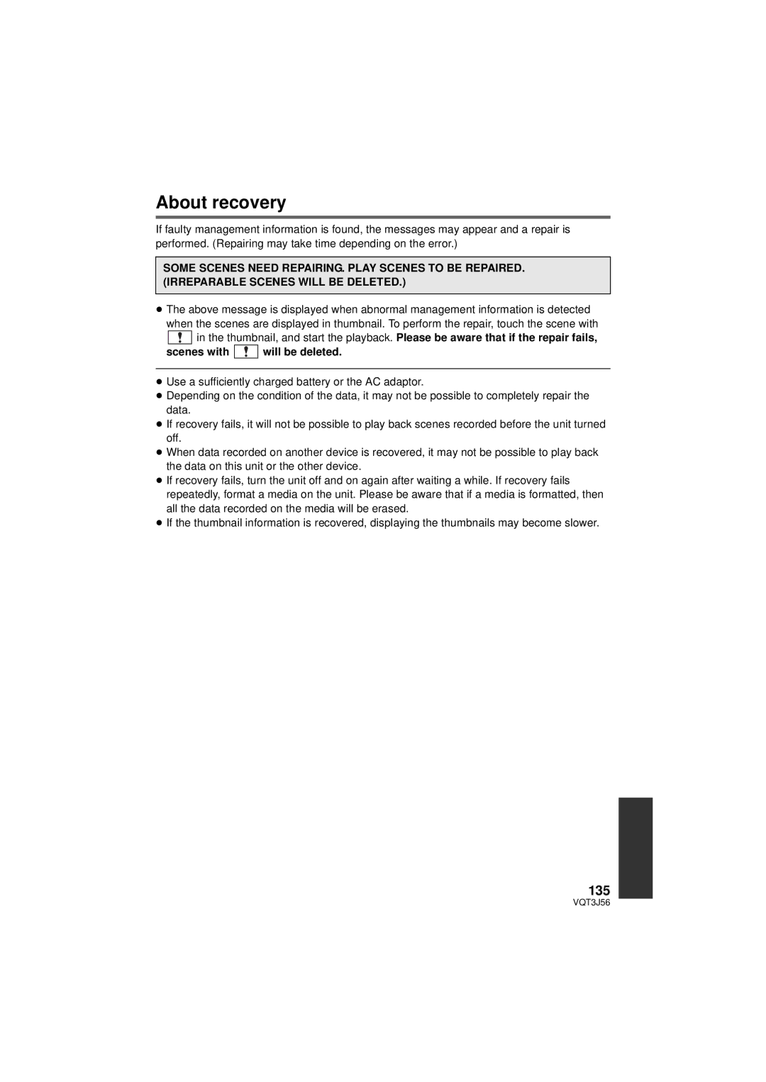 Panasonic HDC-SD90P/PC, HDC-TM90P/PC owner manual About recovery, 135, Scenes with will be deleted 