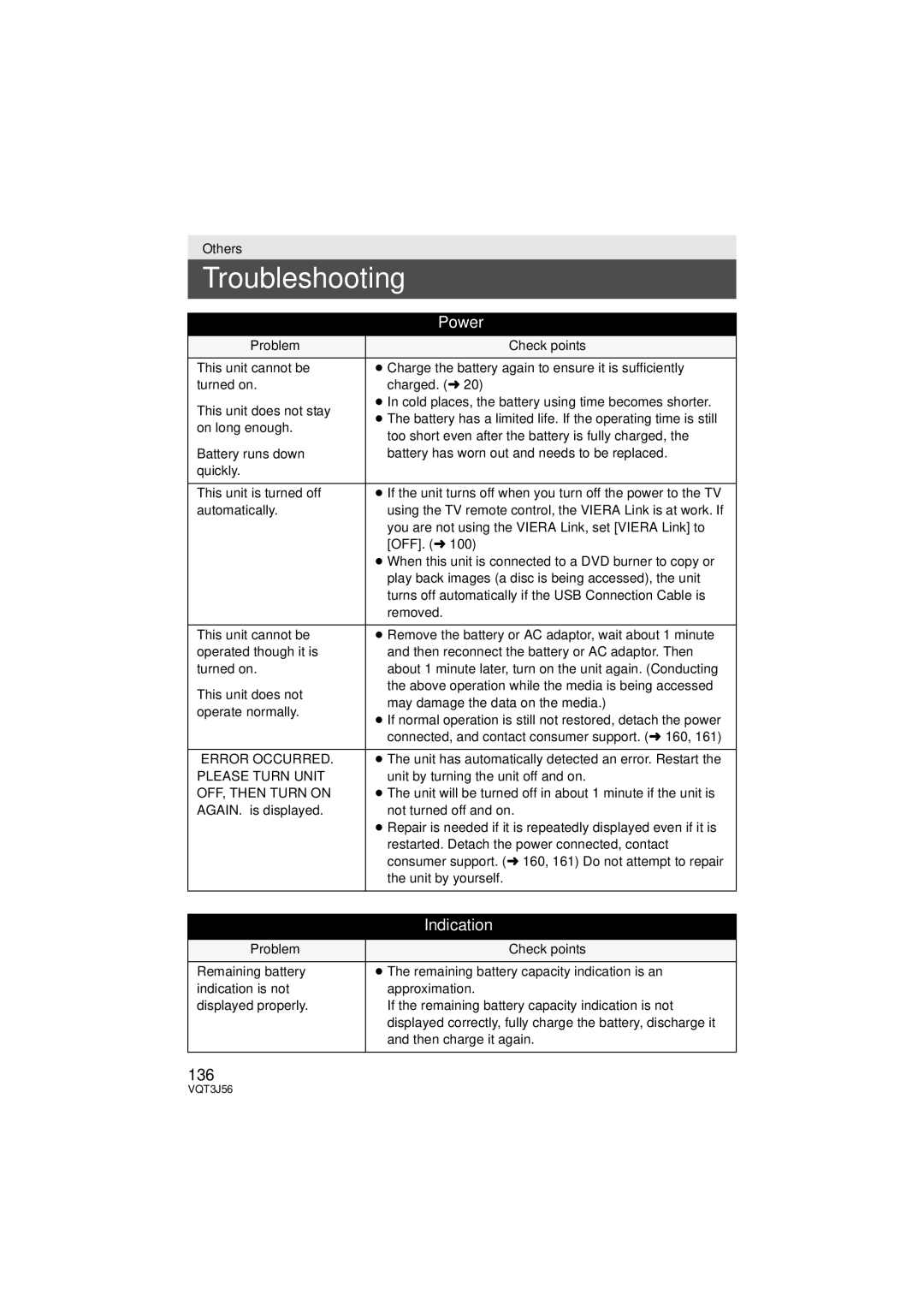 Panasonic HDC-TM90P/PC, HDC-SD90P/PC owner manual Troubleshooting, 136, Error Occurred, Please Turn Unit, OFF, then Turn on 