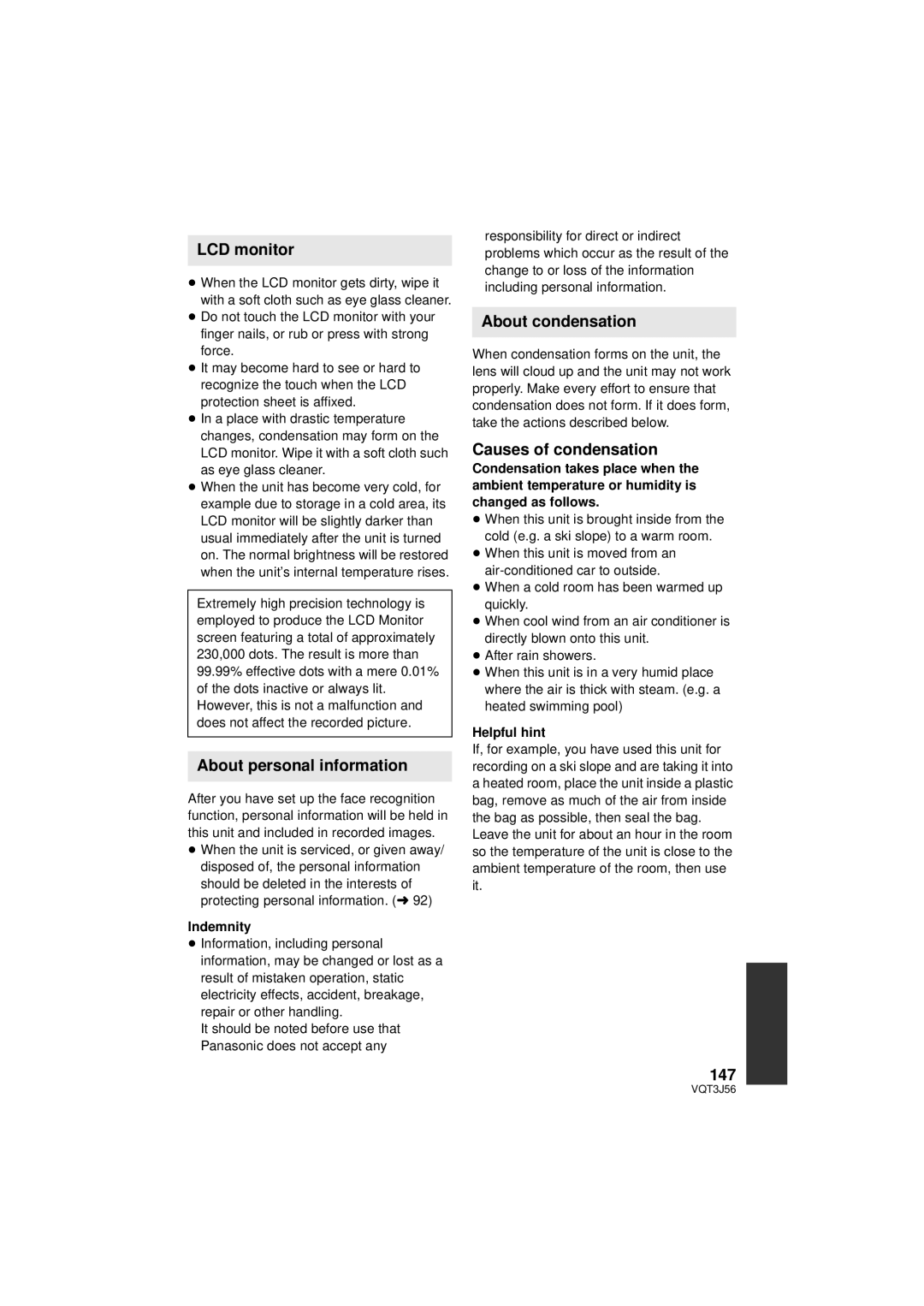 Panasonic HDC-SD90P/PC LCD monitor, About personal information, About condensation, Causes of condensation, 147 