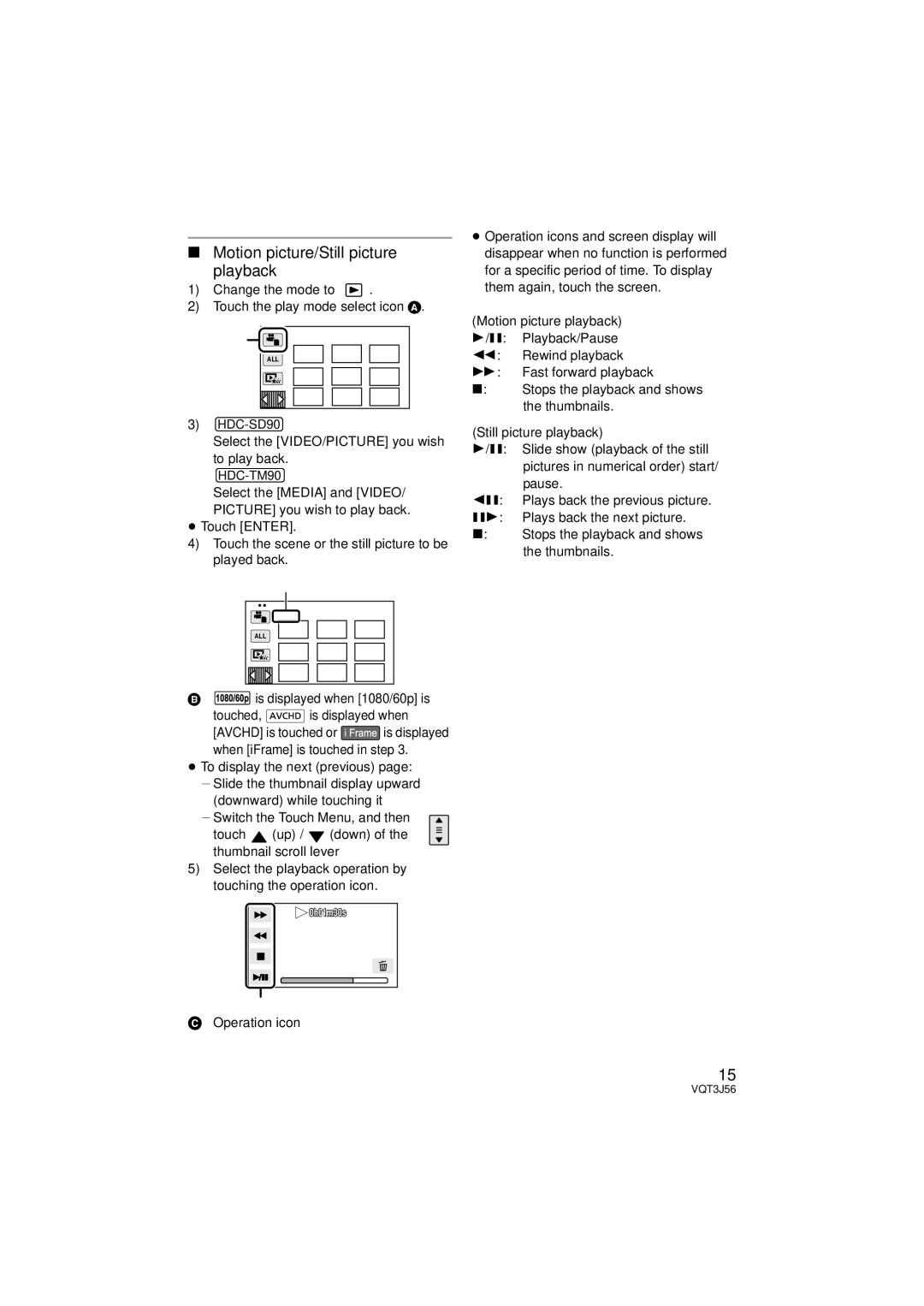 Panasonic HDC-SD90P/PC, HDC-TM90P/PC owner manual Motion picture/Still picture playback 