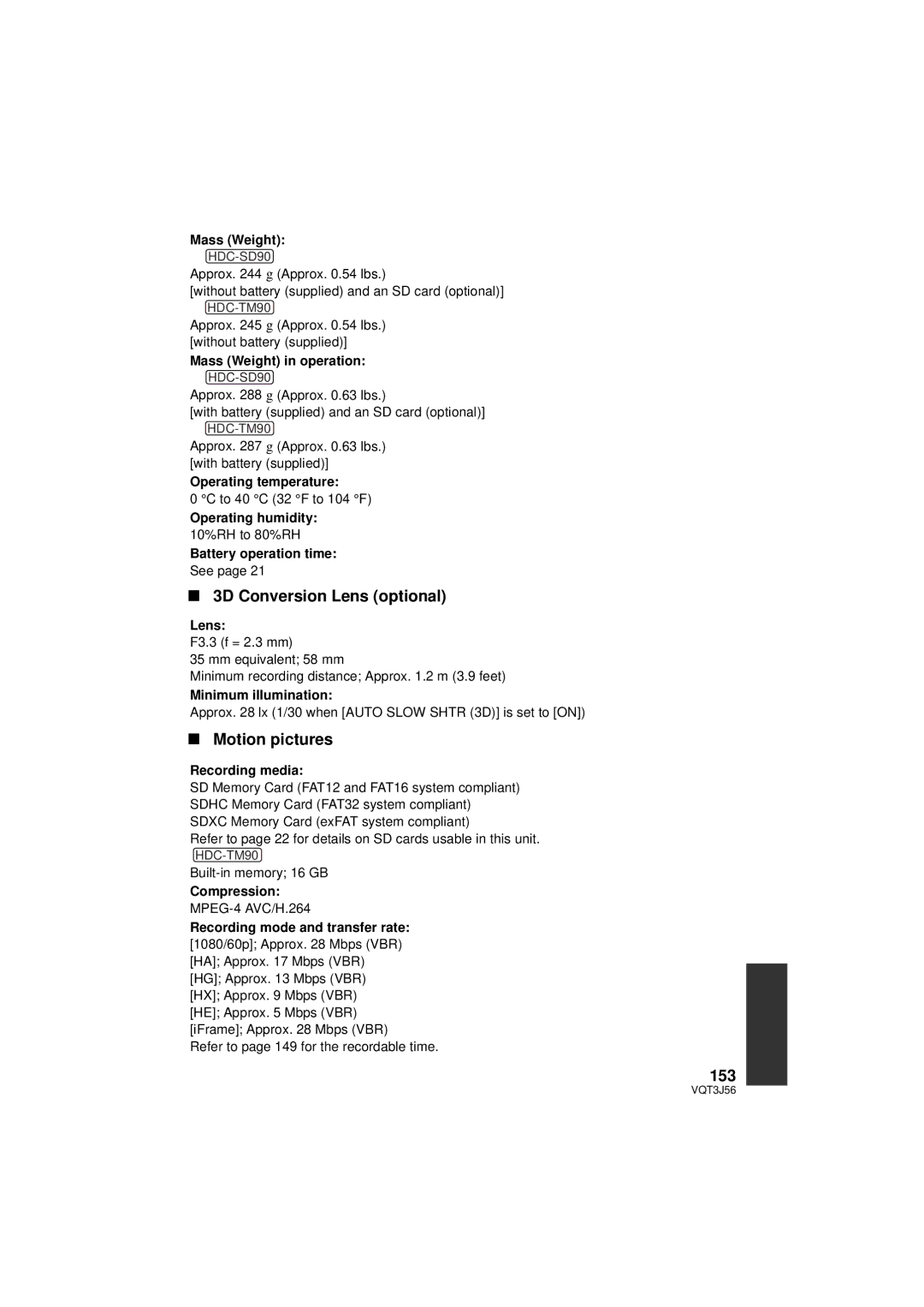 Panasonic HDC-SD90P/PC, HDC-TM90P/PC owner manual 3D Conversion Lens optional, Motion pictures, 153 