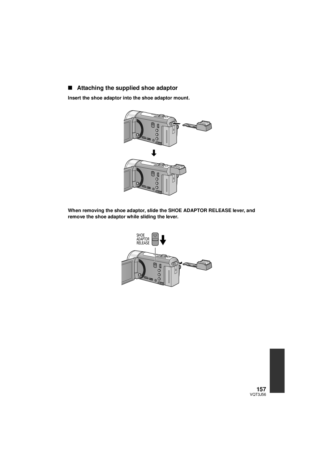 Panasonic HDC-SD90P/PC, HDC-TM90P/PC owner manual Attaching the supplied shoe adaptor, 157 