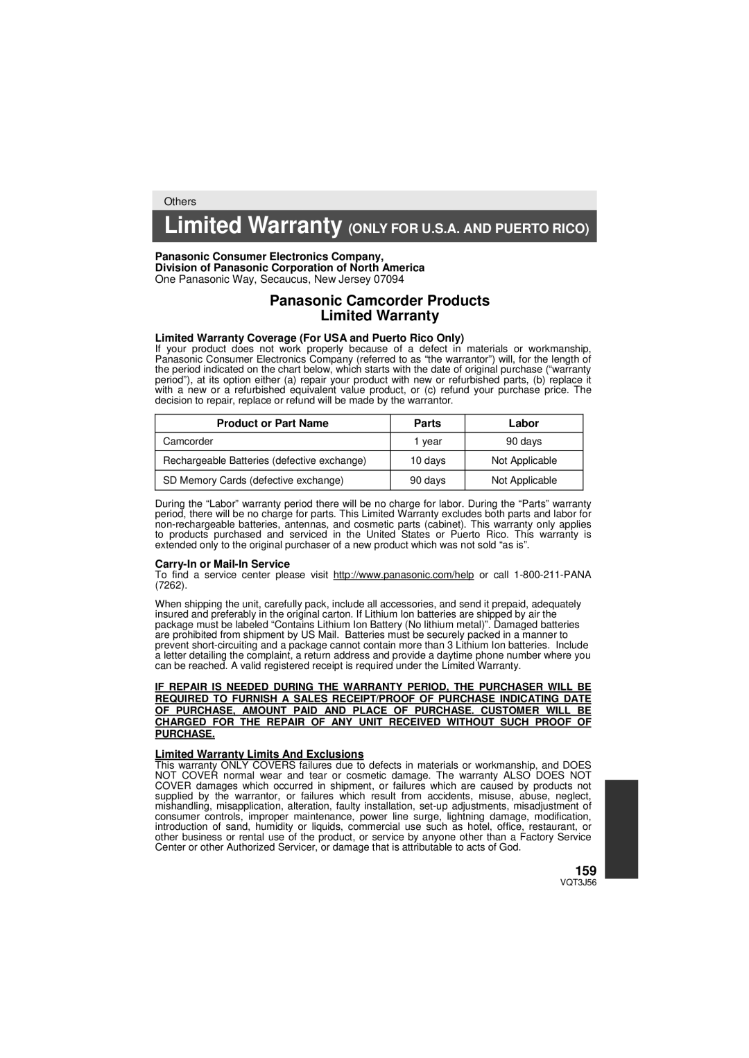 Panasonic HDC-SD90P/PC 159, Limited Warranty Coverage For USA and Puerto Rico Only, Product or Part Name Parts Labor 