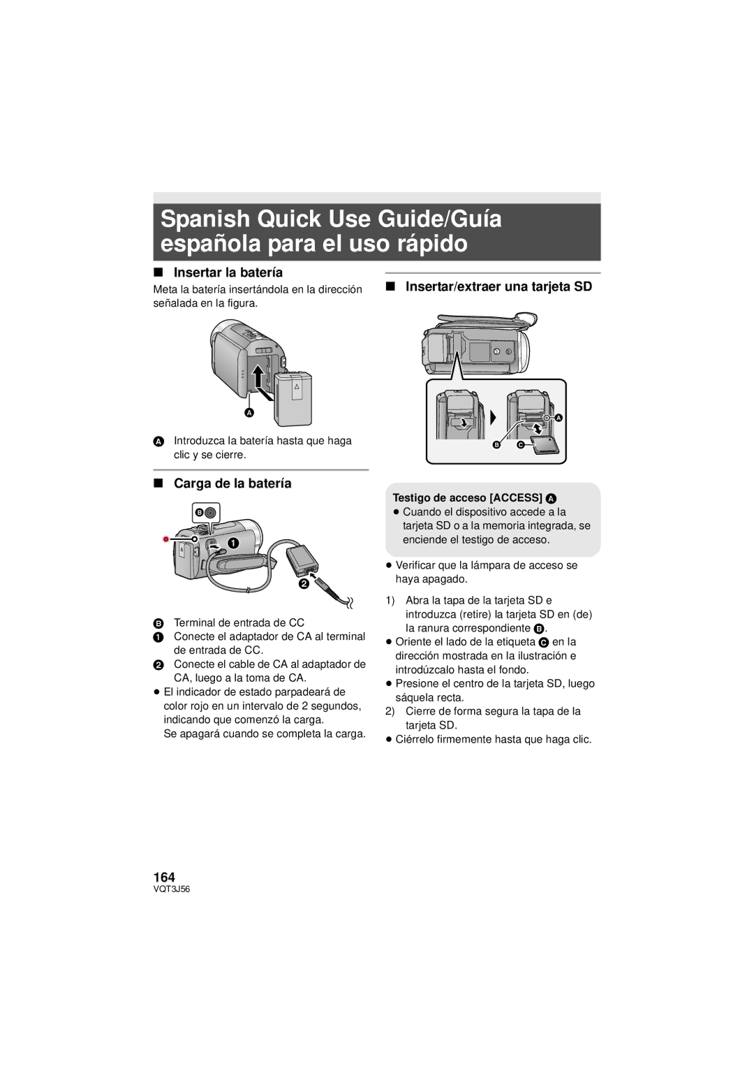 Panasonic HDC-TM90P/PC Spanish Quick Use Guide/Guía española para el uso rápido, Insertar la batería, Carga de la batería 