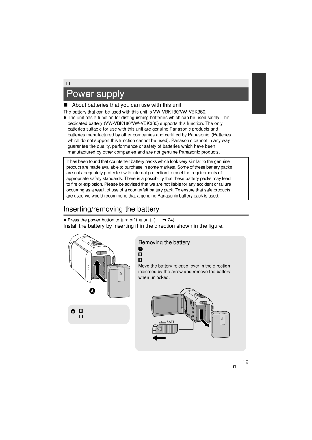 Panasonic HDC-SD90P/PC Power supply, Inserting/removing the battery, About batteries that you can use with this unit 