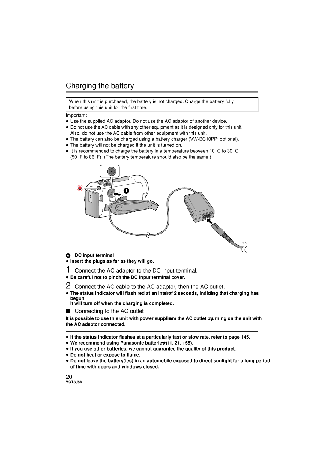 Panasonic HDC-TM90P/PC Charging the battery, Connect the AC adaptor to the DC input terminal, Connecting to the AC outlet 