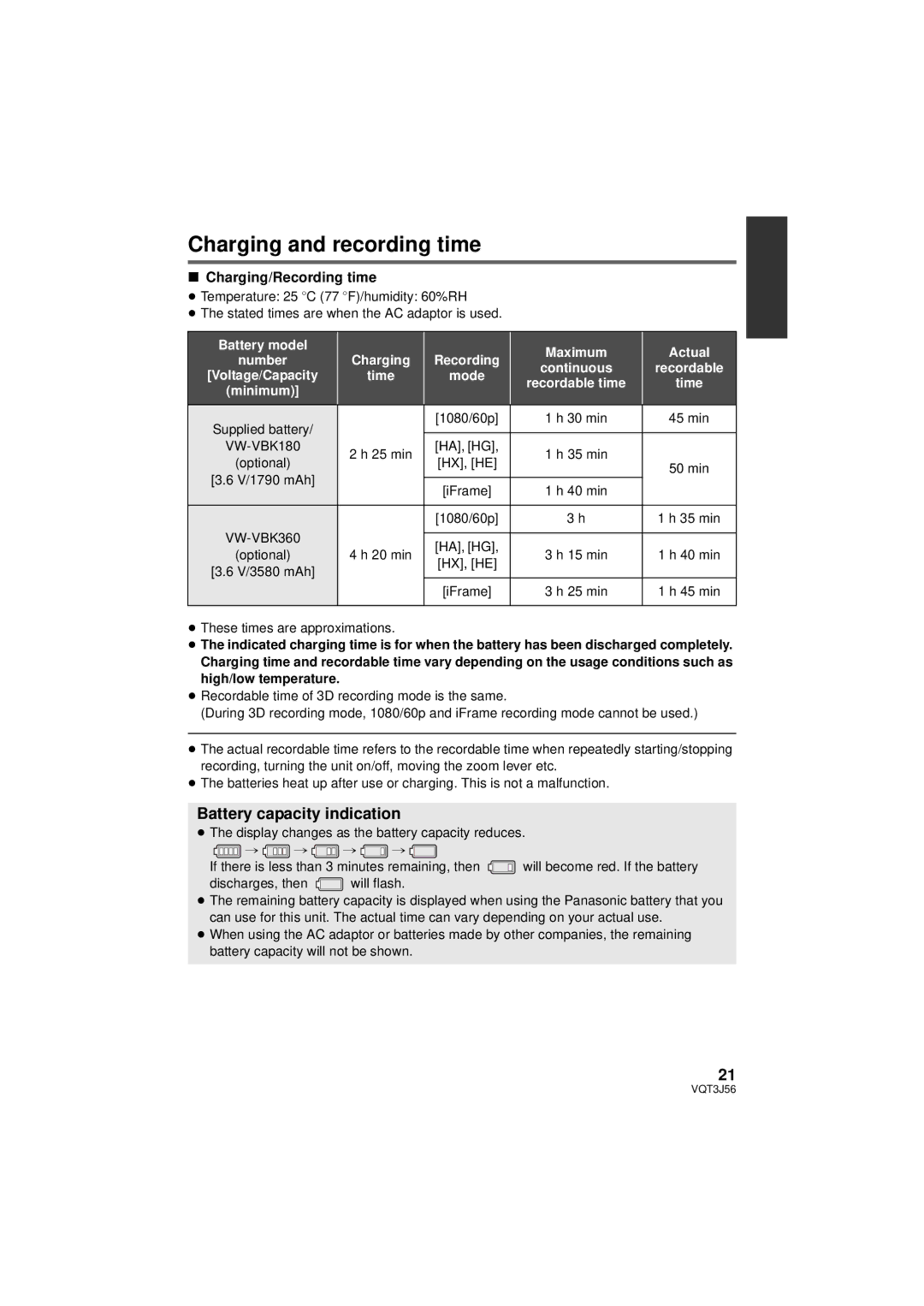 Panasonic HDC-SD90P/PC, HDC-TM90P/PC Charging and recording time, Battery capacity indication, Charging/Recording time 