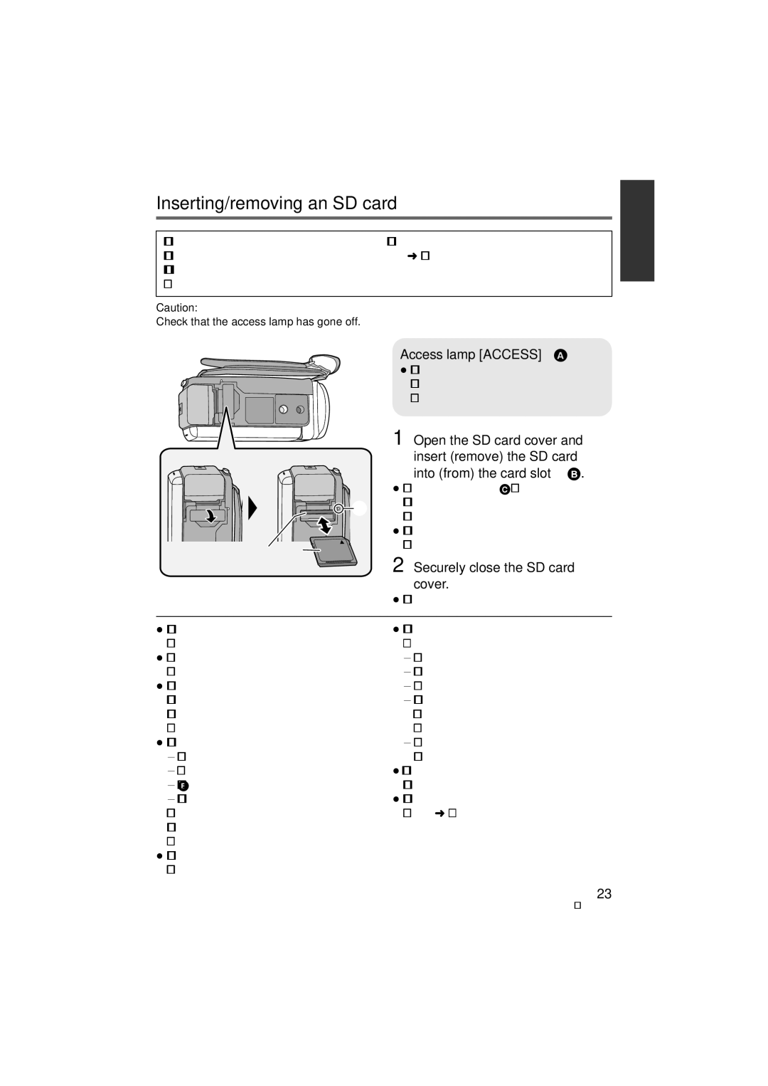 Panasonic HDC-SD90P/PC Inserting/removing an SD card,   Access lamp Access a, Securely close the SD card cover 