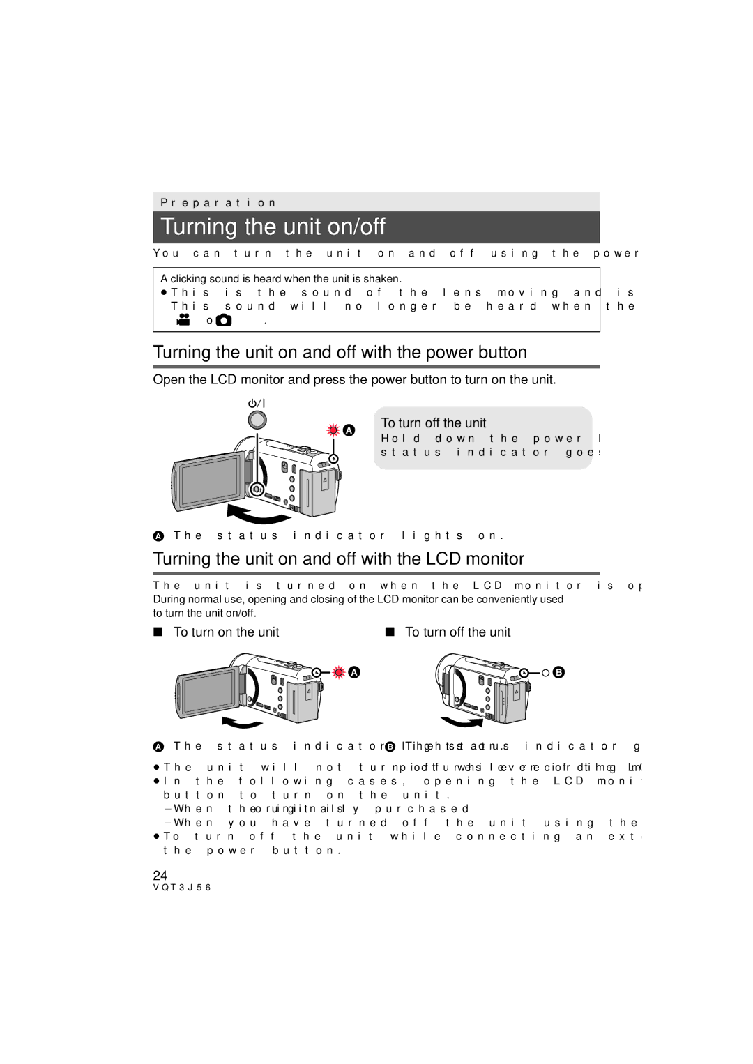 Panasonic HDC-TM90P/PC, HDC-SD90P/PC owner manual Turning the unit on/off, Turning the unit on and off with the power button 