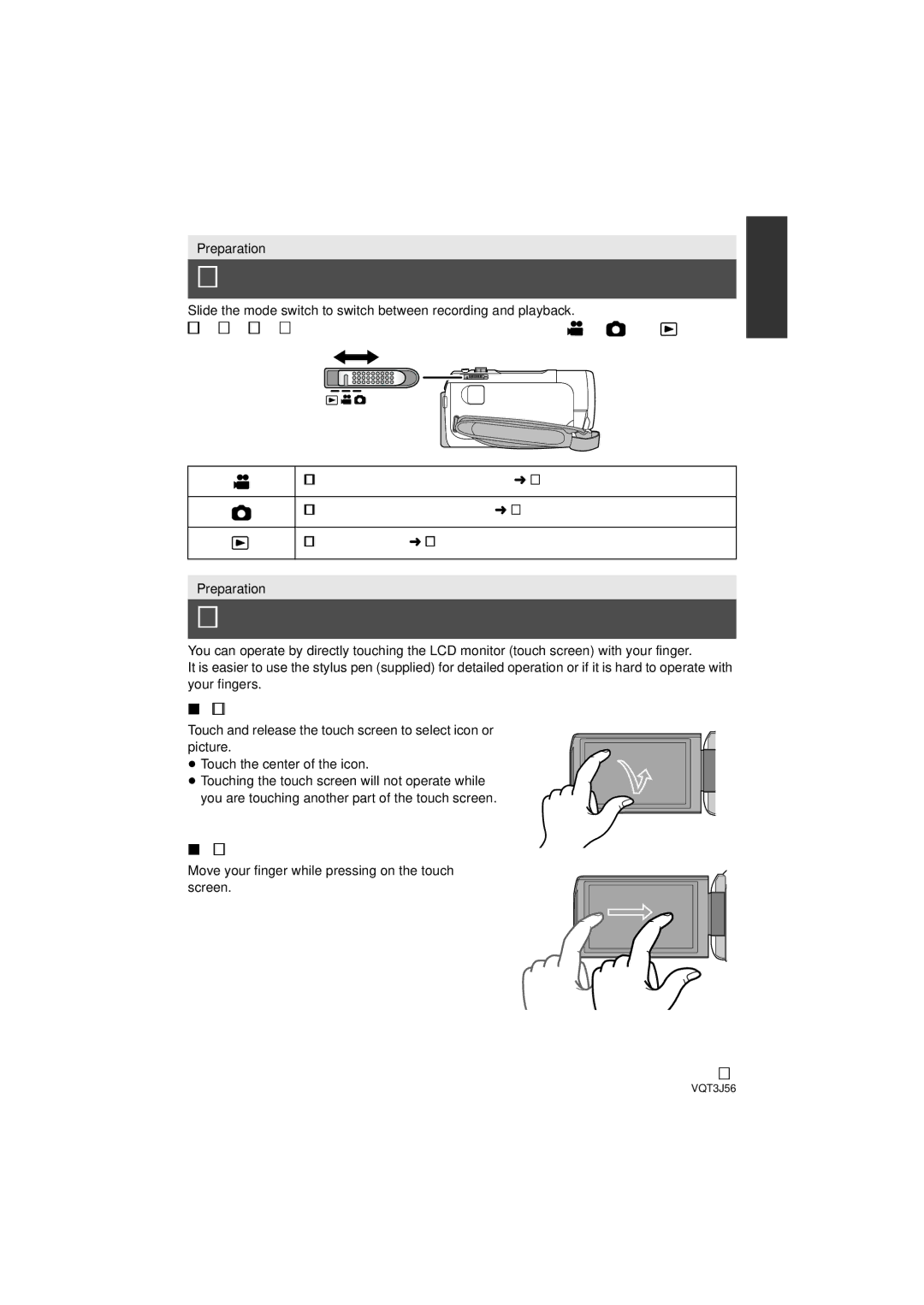 Panasonic HDC-SD90P/PC Selecting a mode, How to use the touch screen, Operate the mode switch to change the mode to , or 