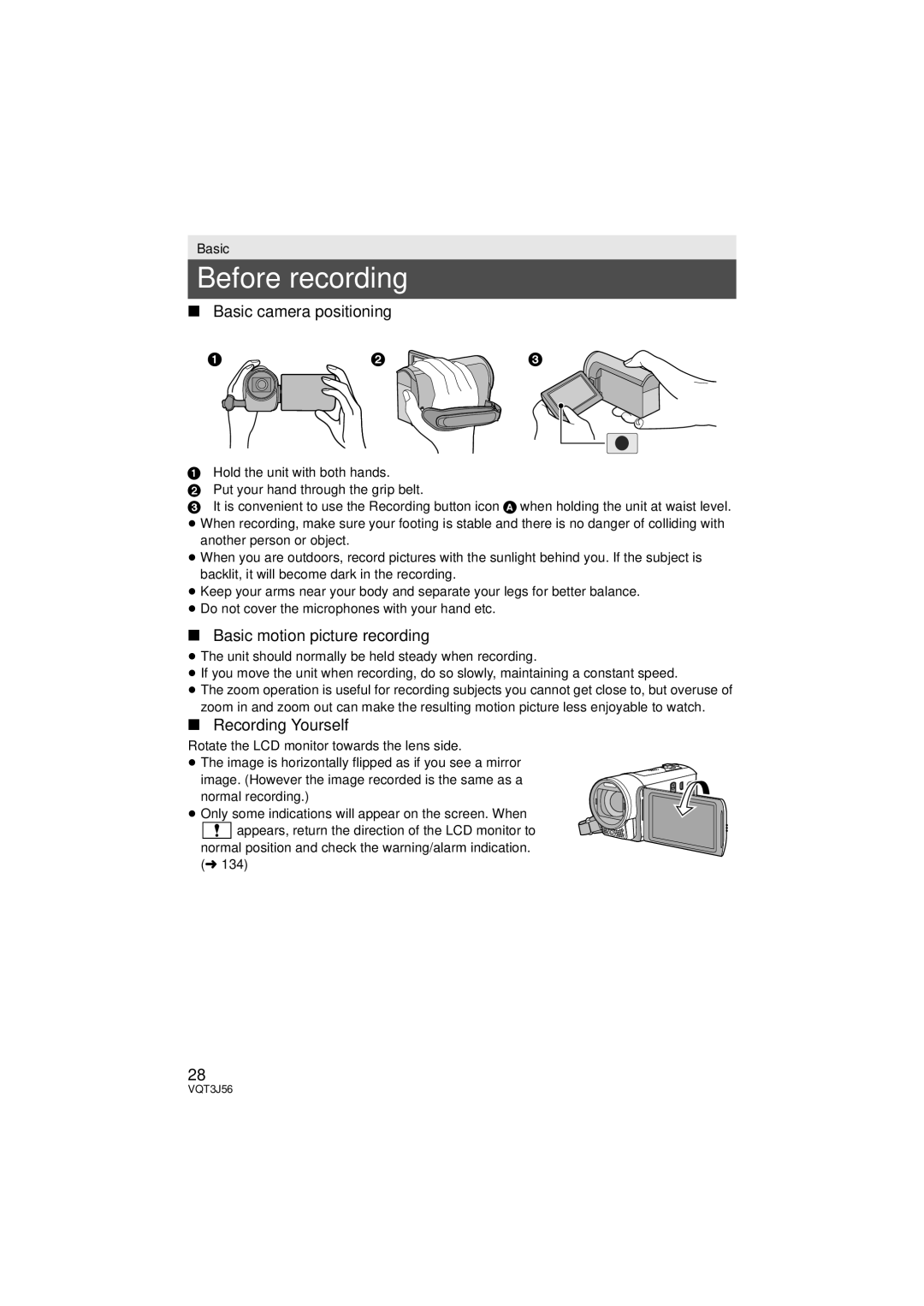 Panasonic HDC-TM90P/PC Before recording, Basic camera positioning, Basic motion picture recording, Recording Yourself 