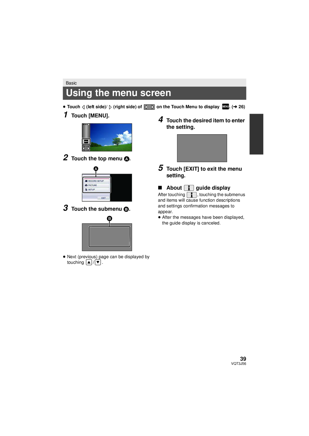 Panasonic HDC-SD90P/PC, HDC-TM90P/PC Using the menu screen, Touch Menu, Touch the top menu a Touch the submenu B 